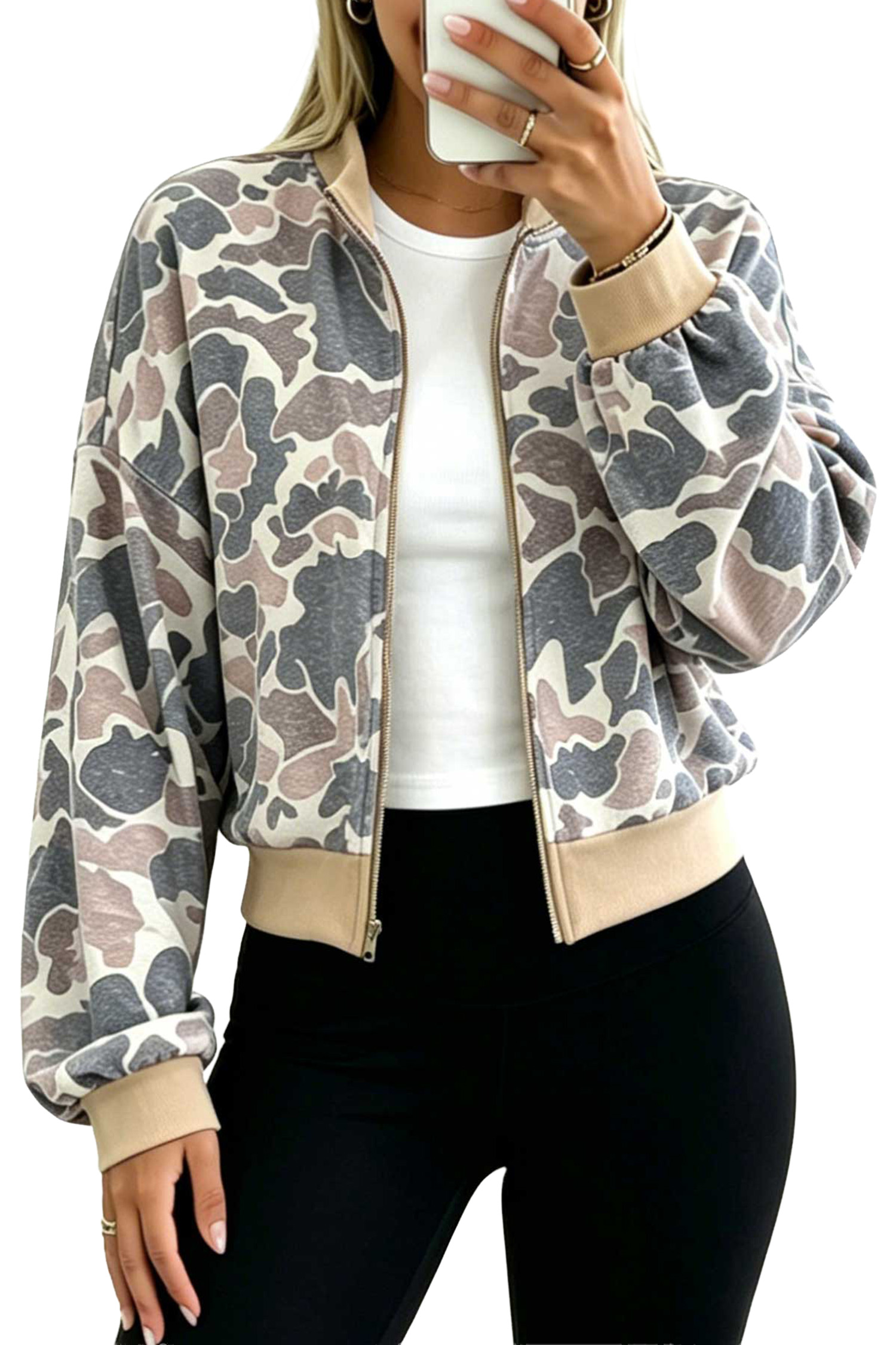 Camo Bomber Sweatshirt, Women's Casual Daily Jacket - Main View Camo Bomber Sweatshirt, Women's Casual Daily Jacket - Main View