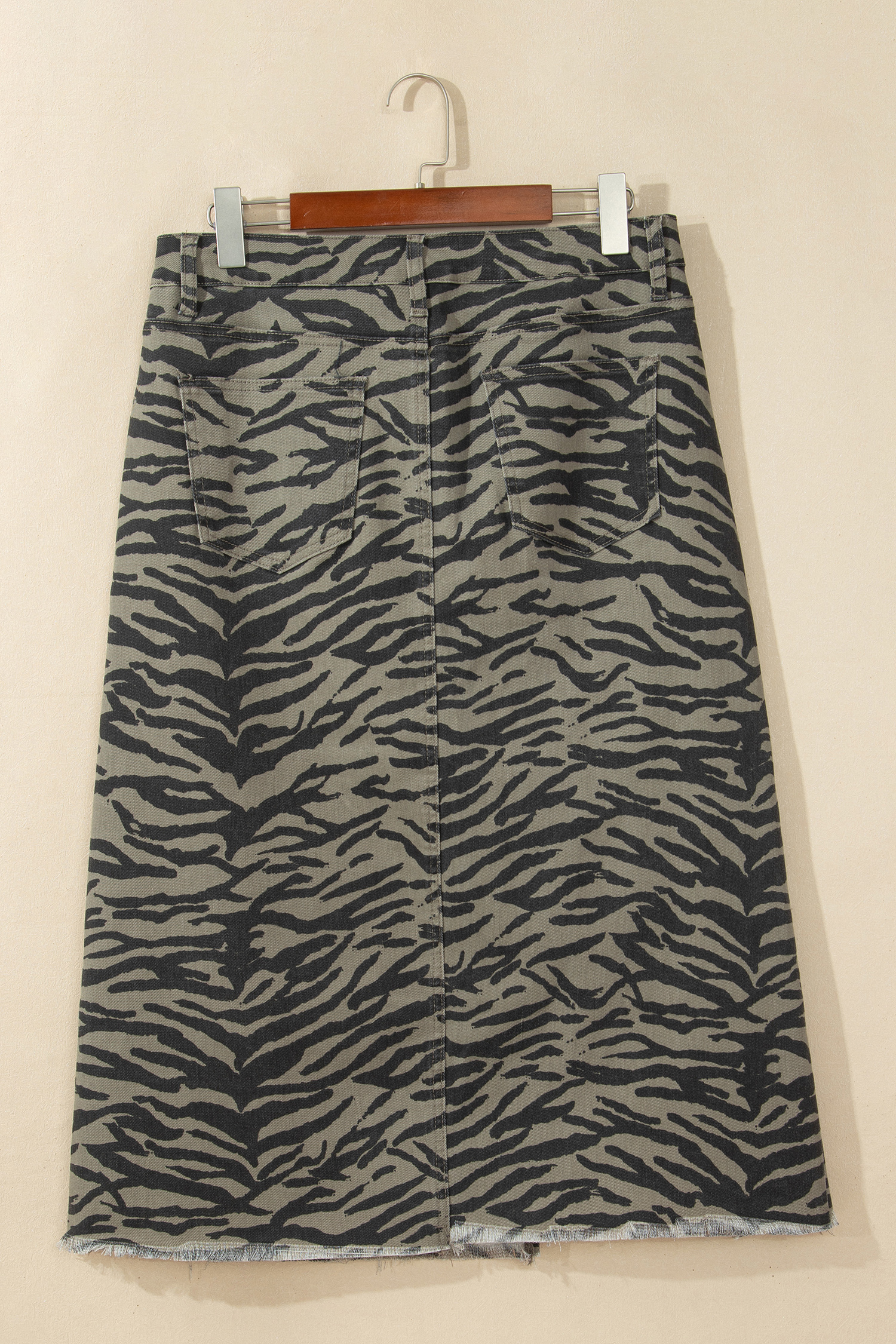 Women's Stretch Denim Skirt, Frayed Hem Midi Split Design - Detail View 6 Women's Stretch Denim Skirt, Frayed Hem Midi Split Design - Detail View 6