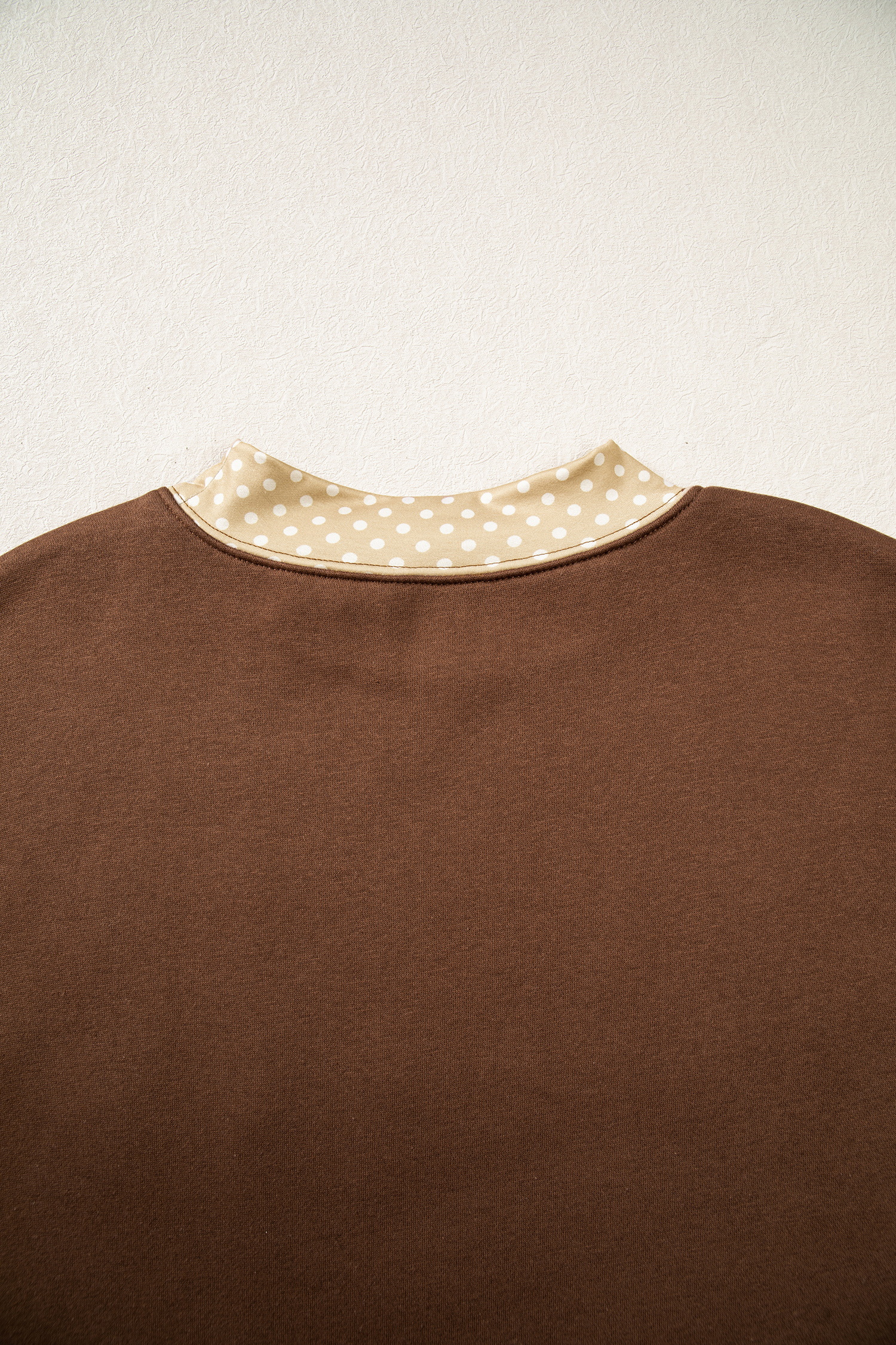 Coffee Brown Graphic Pullover, Polka Dot Trim Long Sleeve - Detail View 6 Coffee Brown Graphic Pullover, Polka Dot Trim Long Sleeve - Detail View 6