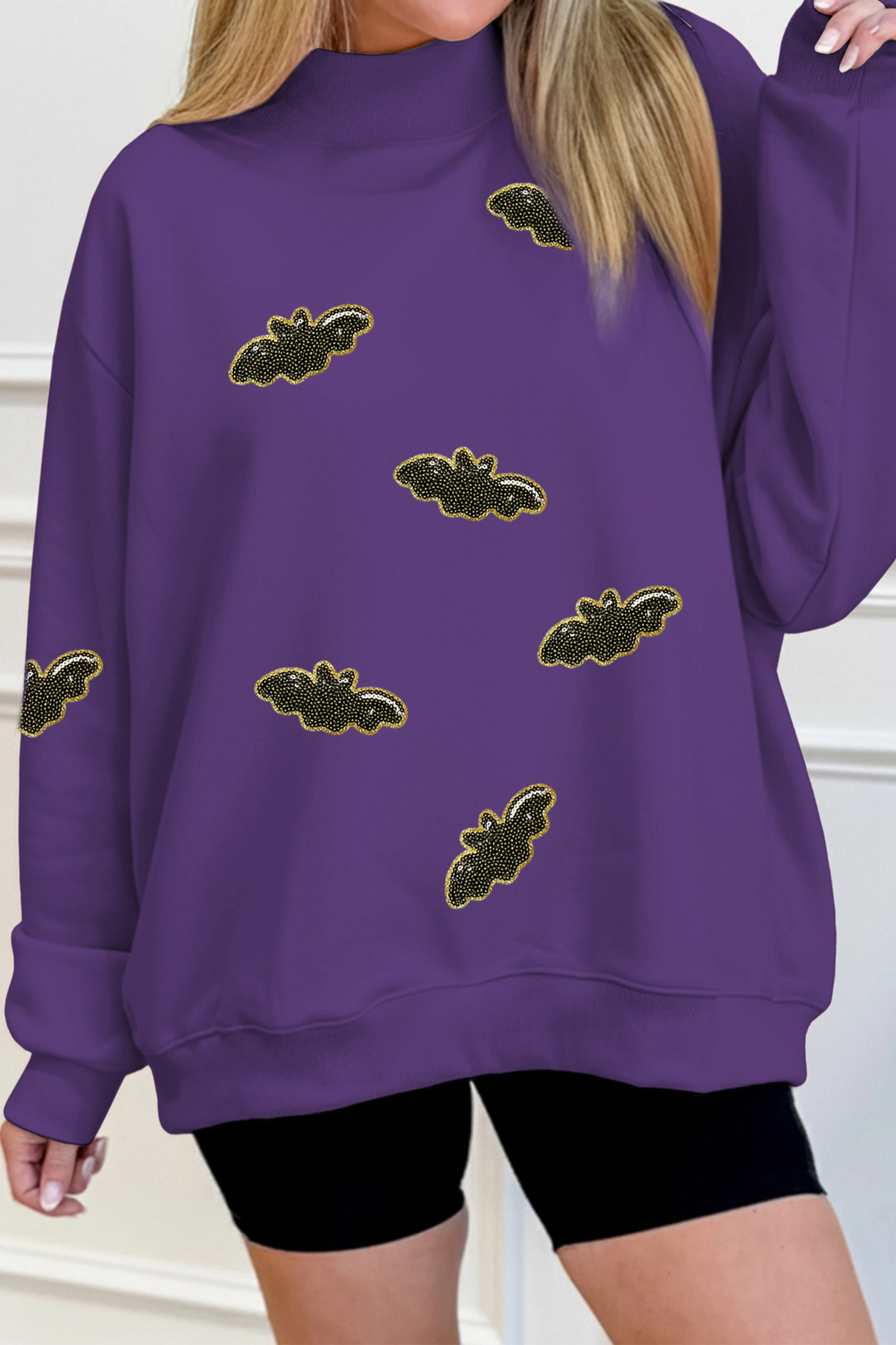 Casual Sequin Bat Sweatshirt, Tillandsia Purple Autumn Top - Detail View 3 Casual Sequin Bat Sweatshirt, Tillandsia Purple Autumn Top - Detail View 3