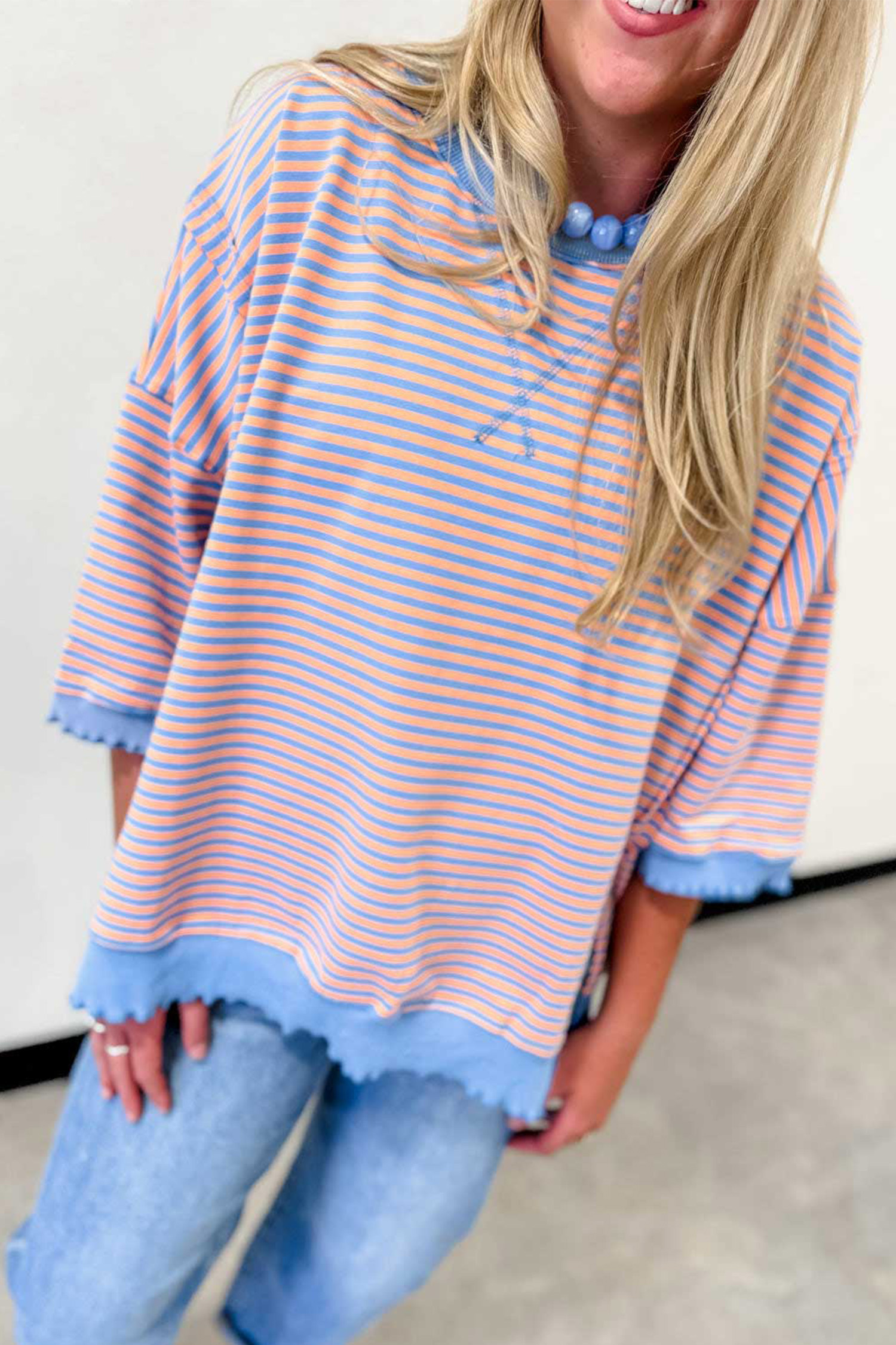 Women's Blue Striped Tee, Colorblock Scallop Trim - Detail View 2 Women's Blue Striped Tee, Colorblock Scallop Trim - Detail View 2