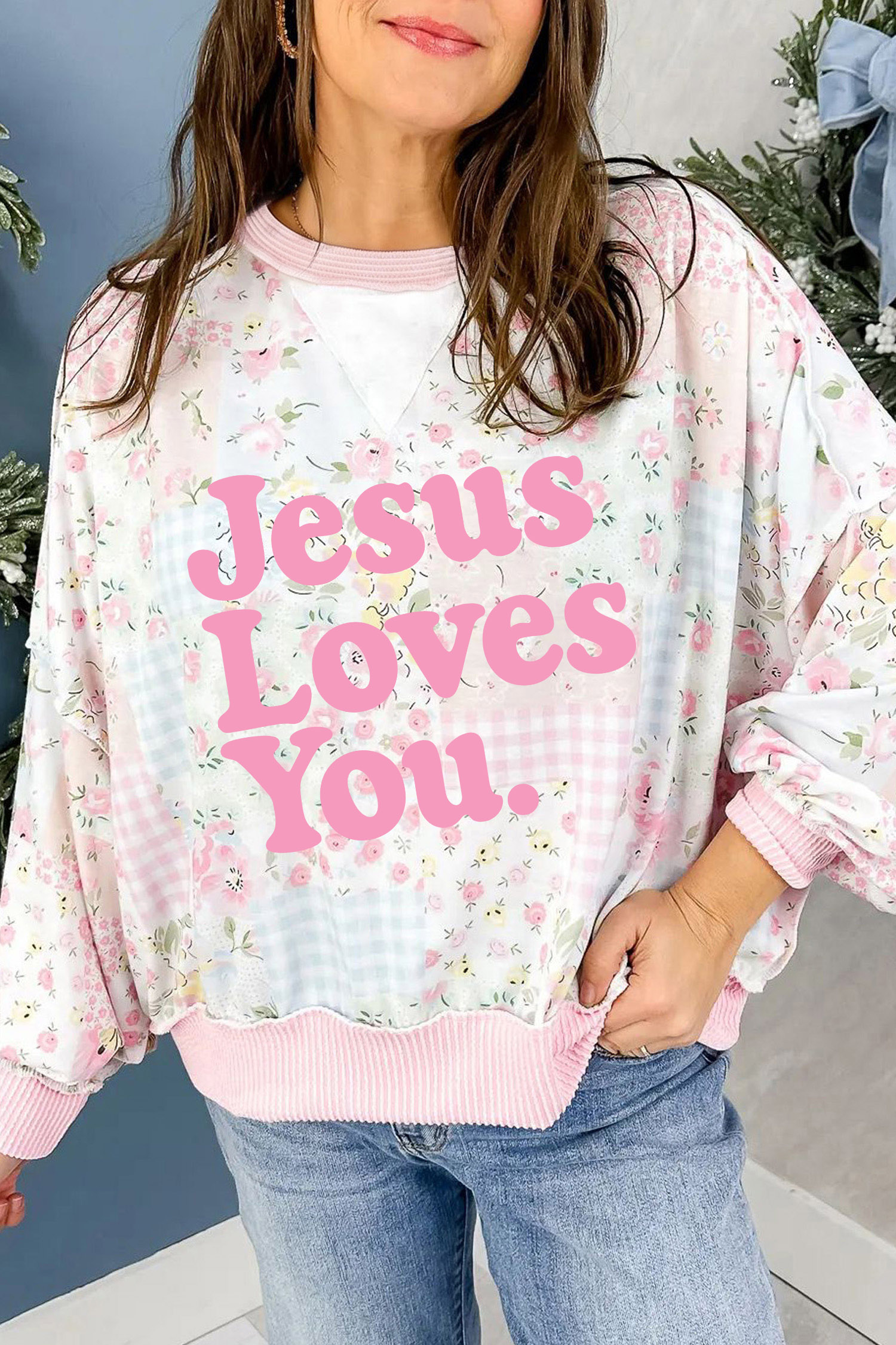 Casual Women's Patchwork Pullover, Pink Floral Autumn Top - Detail View 3 Casual Women's Patchwork Pullover, Pink Floral Autumn Top - Detail View 3
