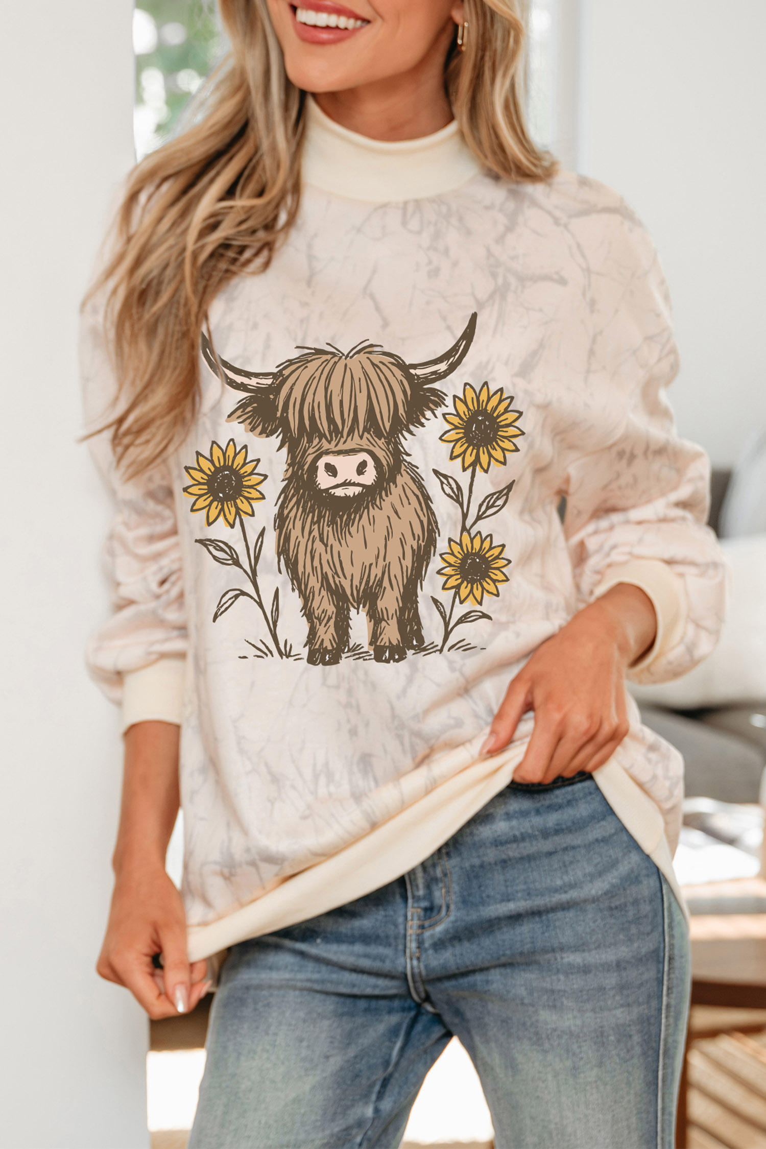 Women's Graphic Sweatshirt, Western Cow Print Autumn Pullover - Detail View 5 Women's Graphic Sweatshirt, Western Cow Print Autumn Pullover - Detail View 5