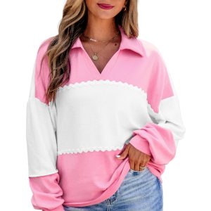 Women's Pink Color Block Top, Casual V Neck Fall Pullover - Main View