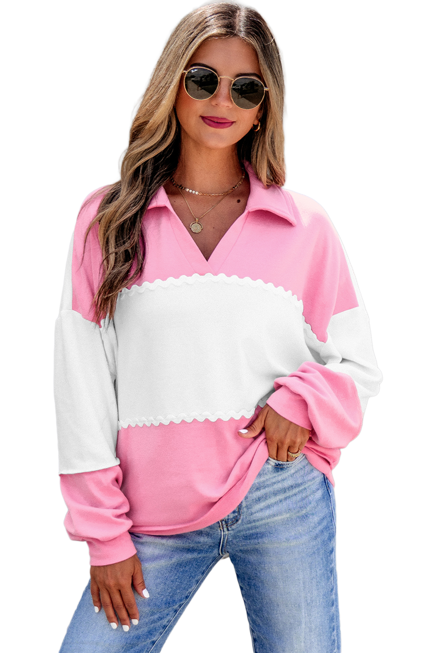 Women's Pink Color Block Top, Casual V Neck Fall Pullover - Main View Women's Pink Color Block Top, Casual V Neck Fall Pullover - Main View
