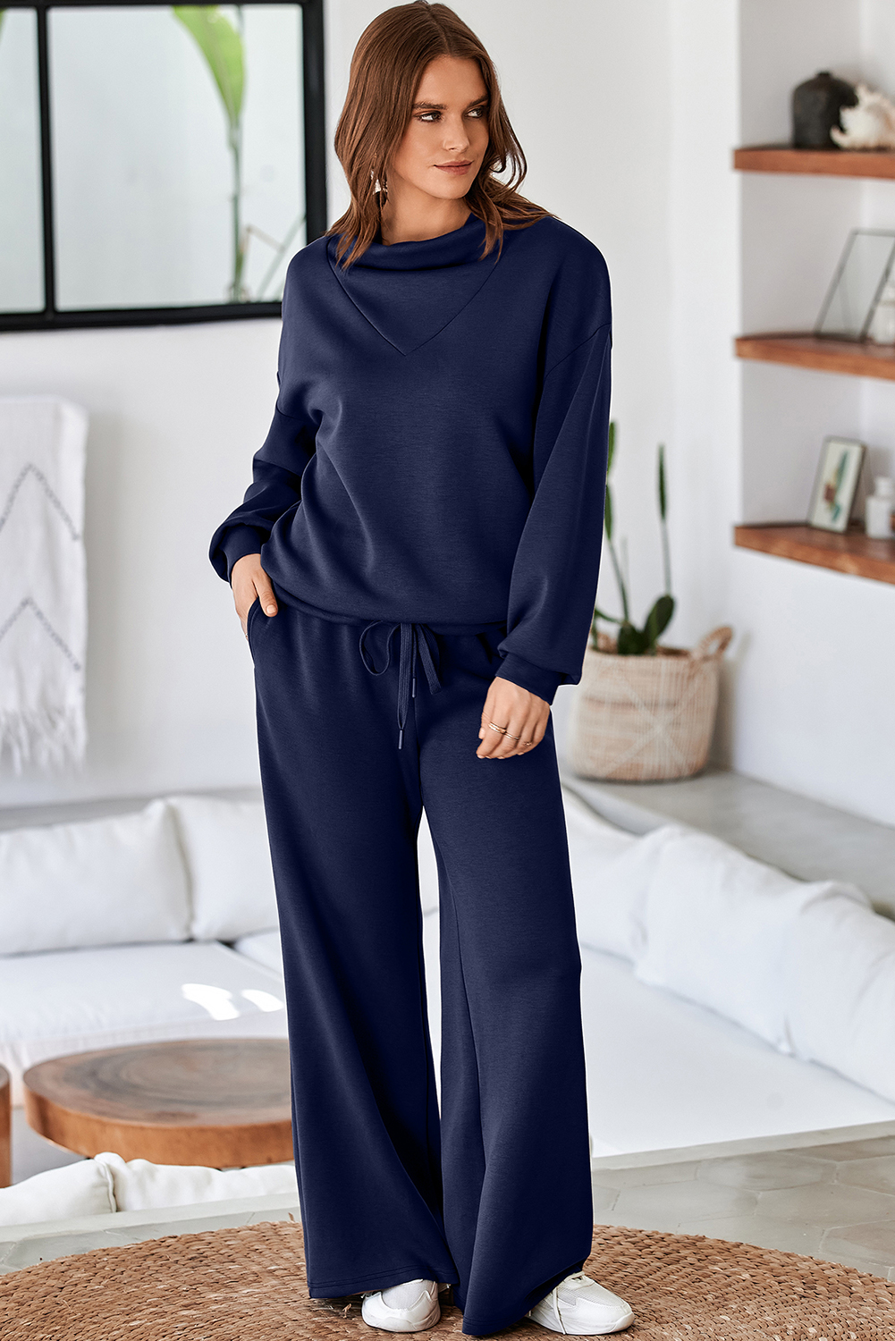 Women's Navy Blue Sweatshirt Set, Cozy Wide Leg Outfit - Detail View 3 Women's Navy Blue Sweatshirt Set, Cozy Wide Leg Outfit - Detail View 3