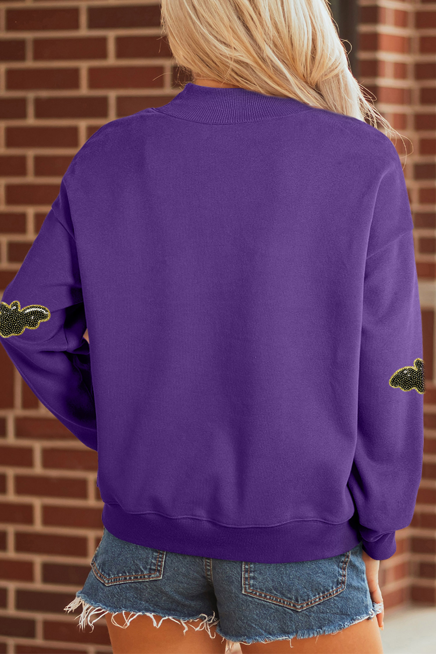 Casual Sequin Bat Sweatshirt, Tillandsia Purple Autumn Top - Detail View 6 Casual Sequin Bat Sweatshirt, Tillandsia Purple Autumn Top - Detail View 6