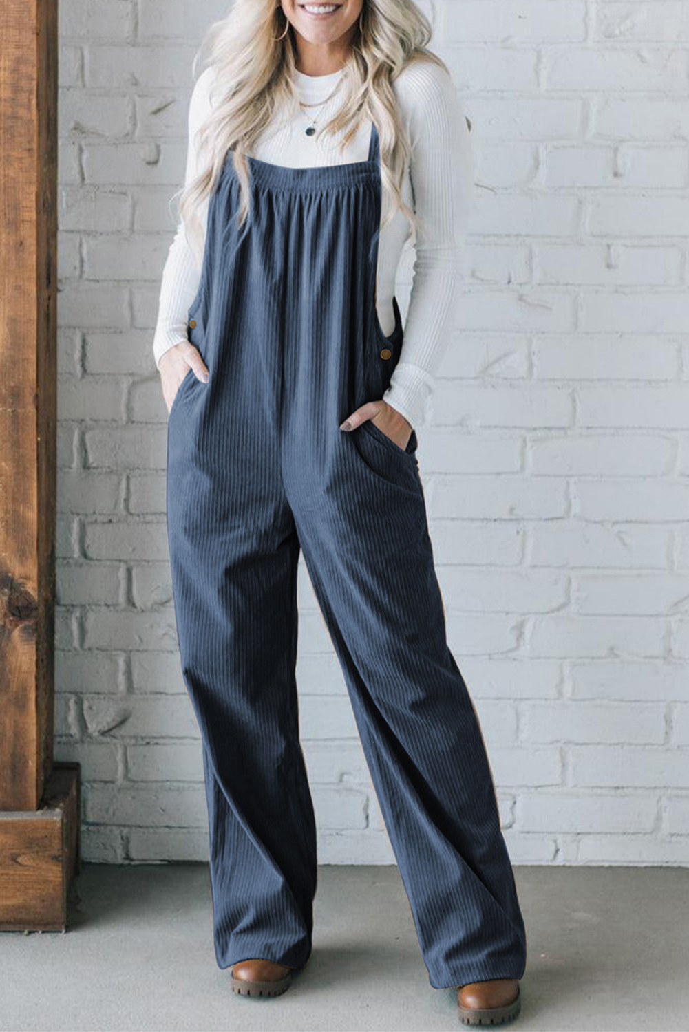 Solid Teal Corduroy Jumpsuit, Trendy Women Overall - Detail View 2 Solid Teal Corduroy Jumpsuit, Trendy Women Overall - Detail View 2