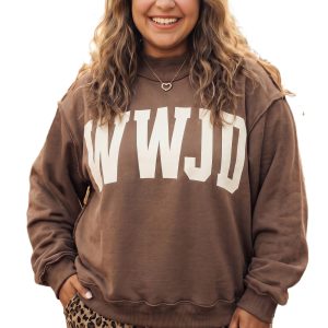 Women's Oversized Letter Sweatshirt, Casual Brown Mock Neck - Main View
