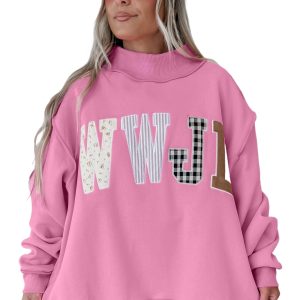 Women's Mock Neck Sweatshirt, Pink Embroidered Casual Top - Main View