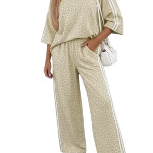 Women's Leopard Loungewear Set, Casual Wide Leg Pants - Main View
