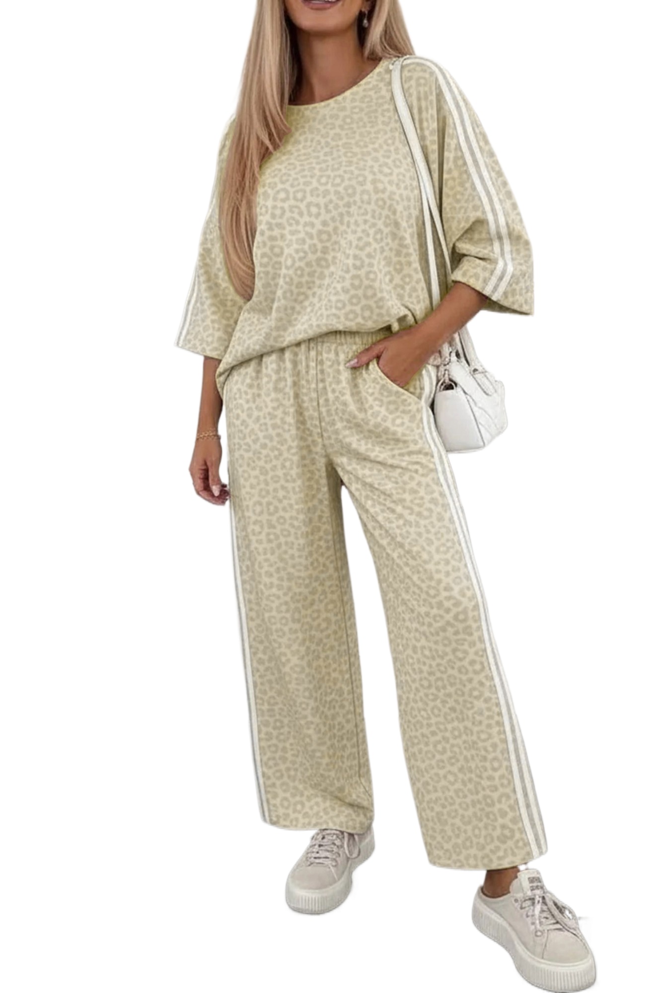 Women's Leopard Loungewear Set, Casual Wide Leg Pants - Main View Women's Leopard Loungewear Set, Casual Wide Leg Pants - Main View