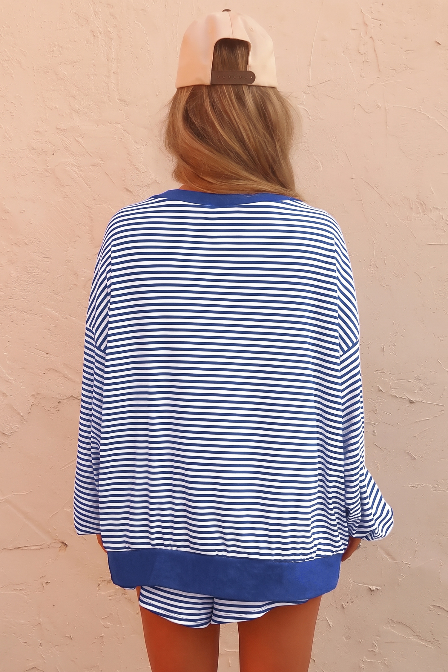 Women's Blue Stripe Set, Oversized Drop Sleeve Shorts - Detail View 2 Women's Blue Stripe Set, Oversized Drop Sleeve Shorts - Detail View 2