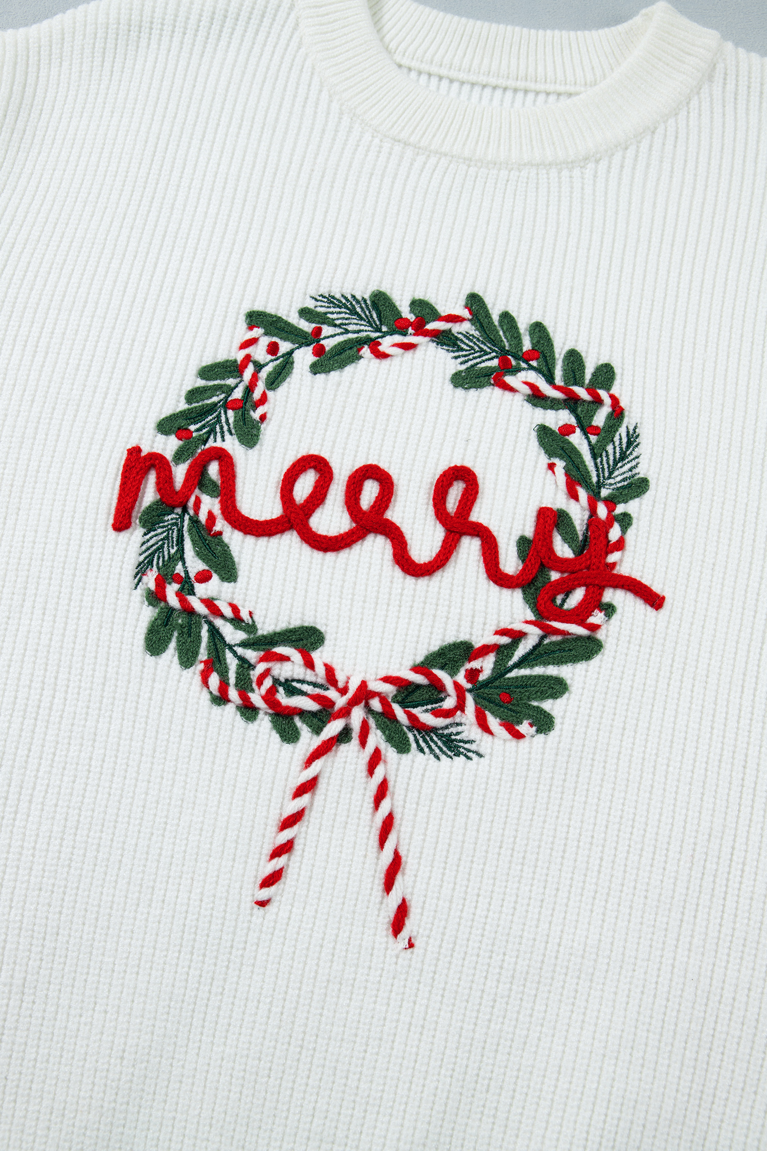 Women's Embroidered Merry Sweater, Festive Wreath - Detail View 11 Women's Embroidered Merry Sweater, Festive Wreath - Detail View 11