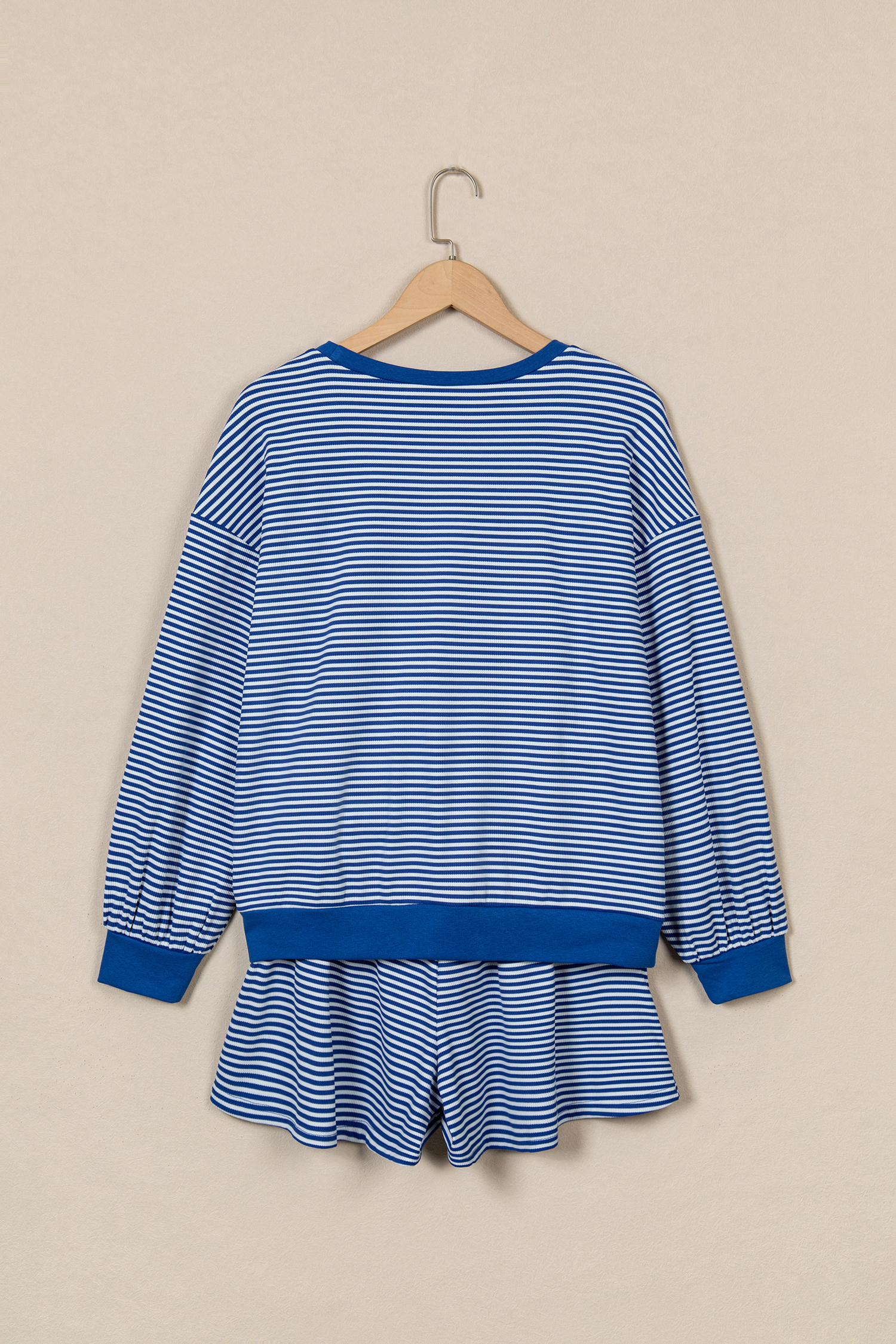Women's Blue Stripe Set, Oversized Drop Sleeve Shorts - Detail View 5 Women's Blue Stripe Set, Oversized Drop Sleeve Shorts - Detail View 5
