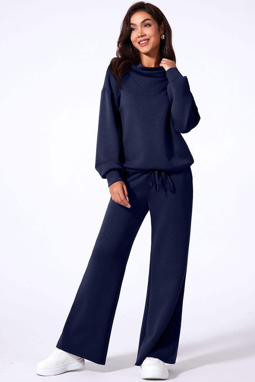 Women's Navy Blue Sweatshirt Set, Cozy Wide Leg Outfit - Detail View 6 Women's Navy Blue Sweatshirt Set, Cozy Wide Leg Outfit - Detail View 6