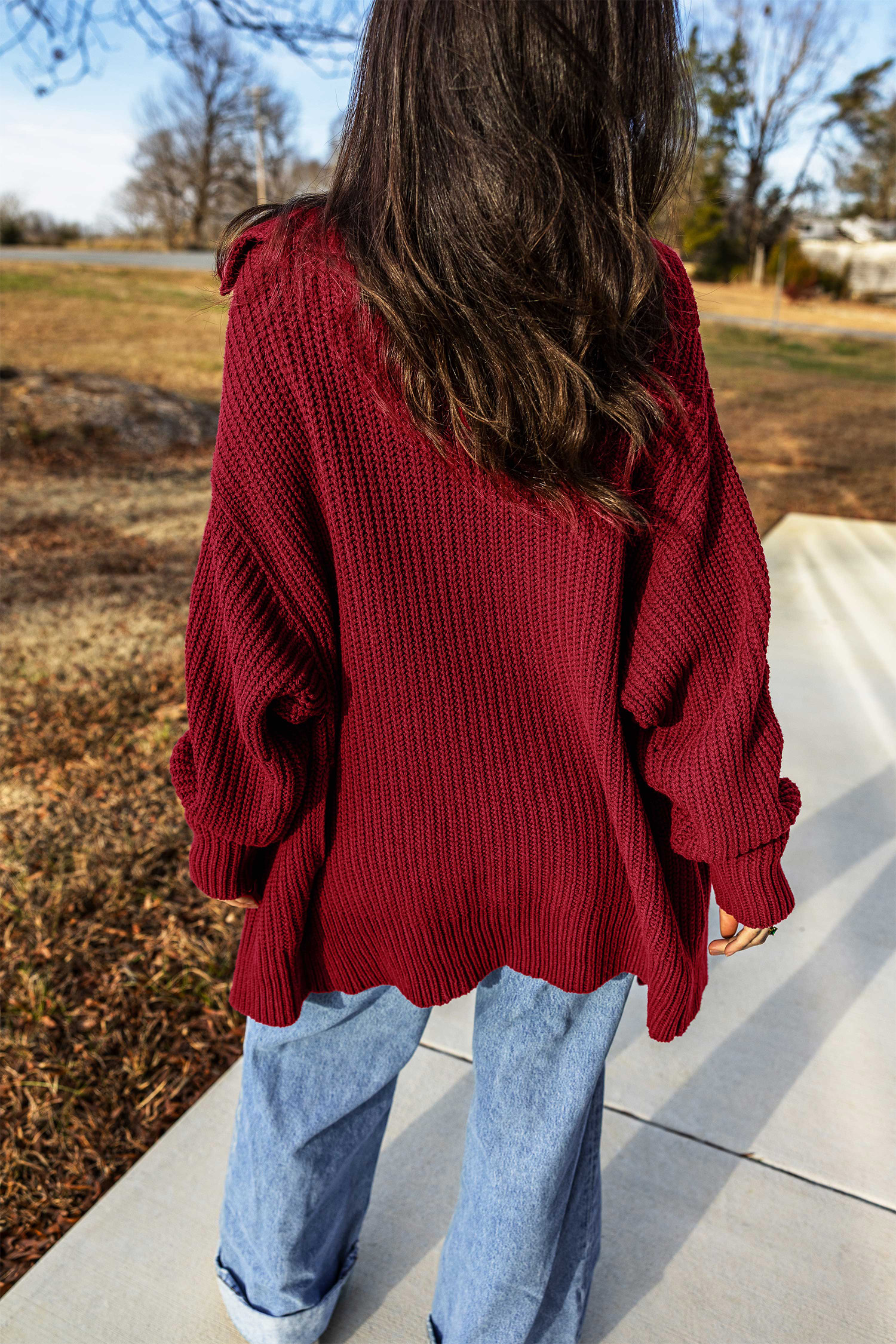 Oversized Knit Cardigan, Red Dahlia Long Sleeve Button Front - Detail View 2 Oversized Knit Cardigan, Red Dahlia Long Sleeve Button Front - Detail View 2