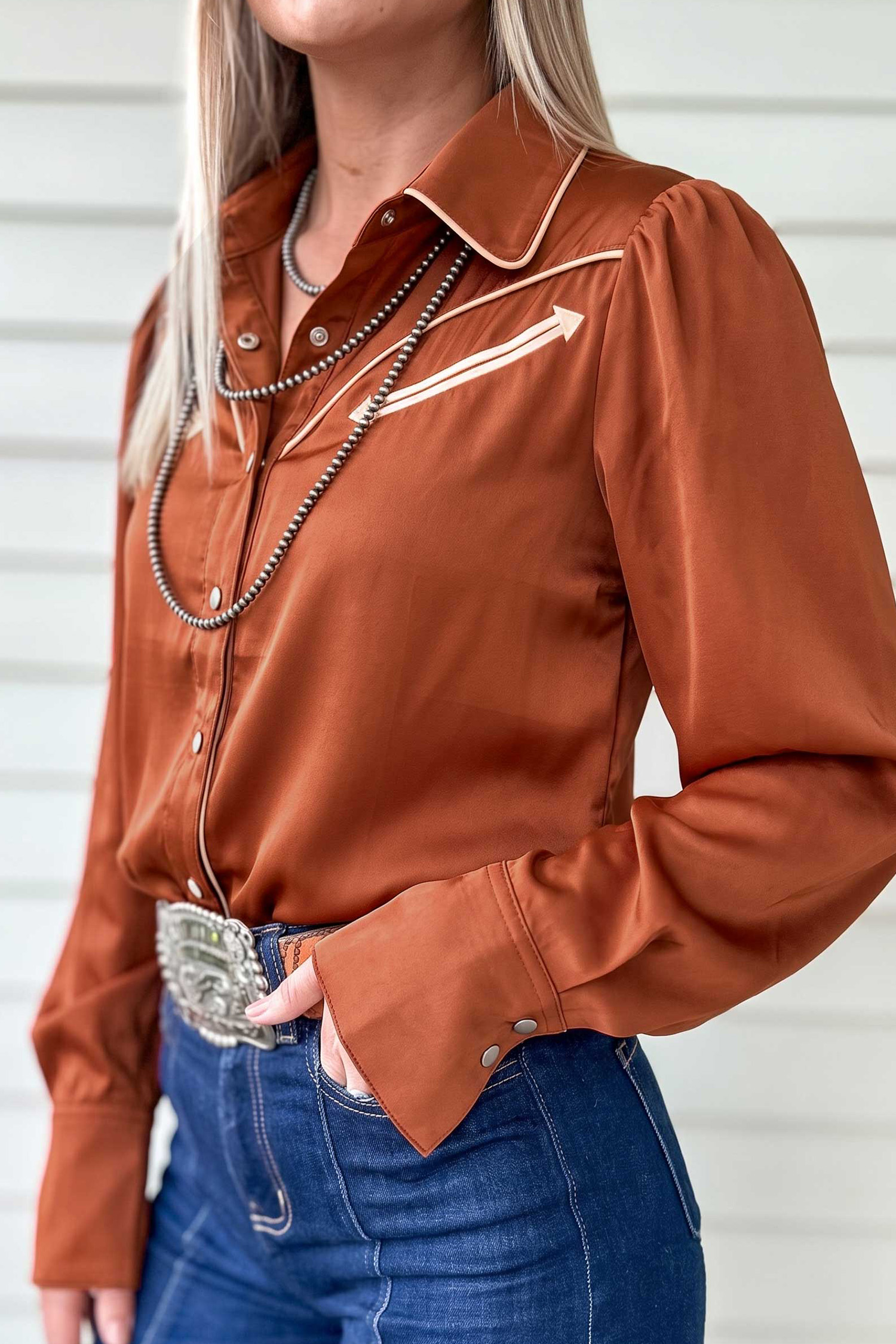 Long Sleeve Satin Western Shirt, Women's Button Front - Detail View 3 Long Sleeve Satin Western Shirt, Women's Button Front - Detail View 3