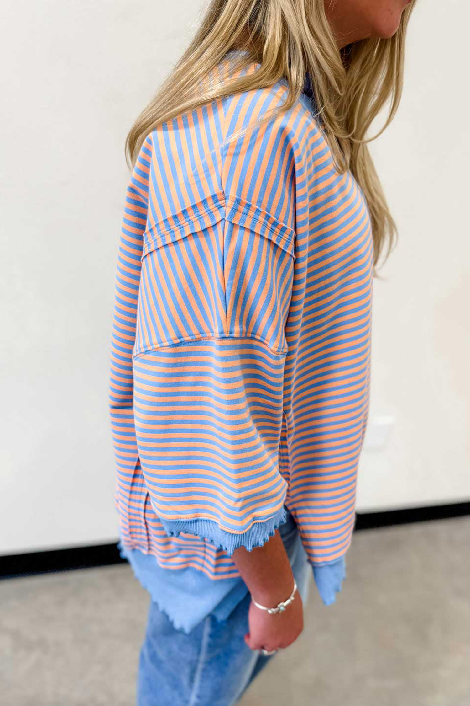 Women's Blue Striped Tee, Colorblock Scallop Trim - Detail View 5 Women's Blue Striped Tee, Colorblock Scallop Trim - Detail View 5