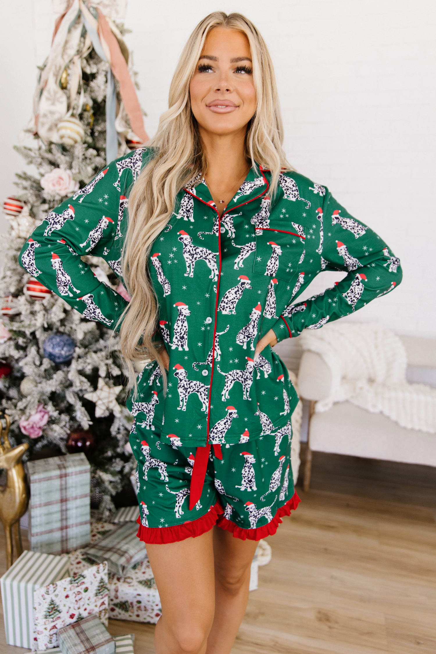 Cozy Christmas Lounge Set, Women's Green Dog Print PJ Set - Detail View 6 Cozy Christmas Lounge Set, Women's Green Dog Print PJ Set - Detail View 6