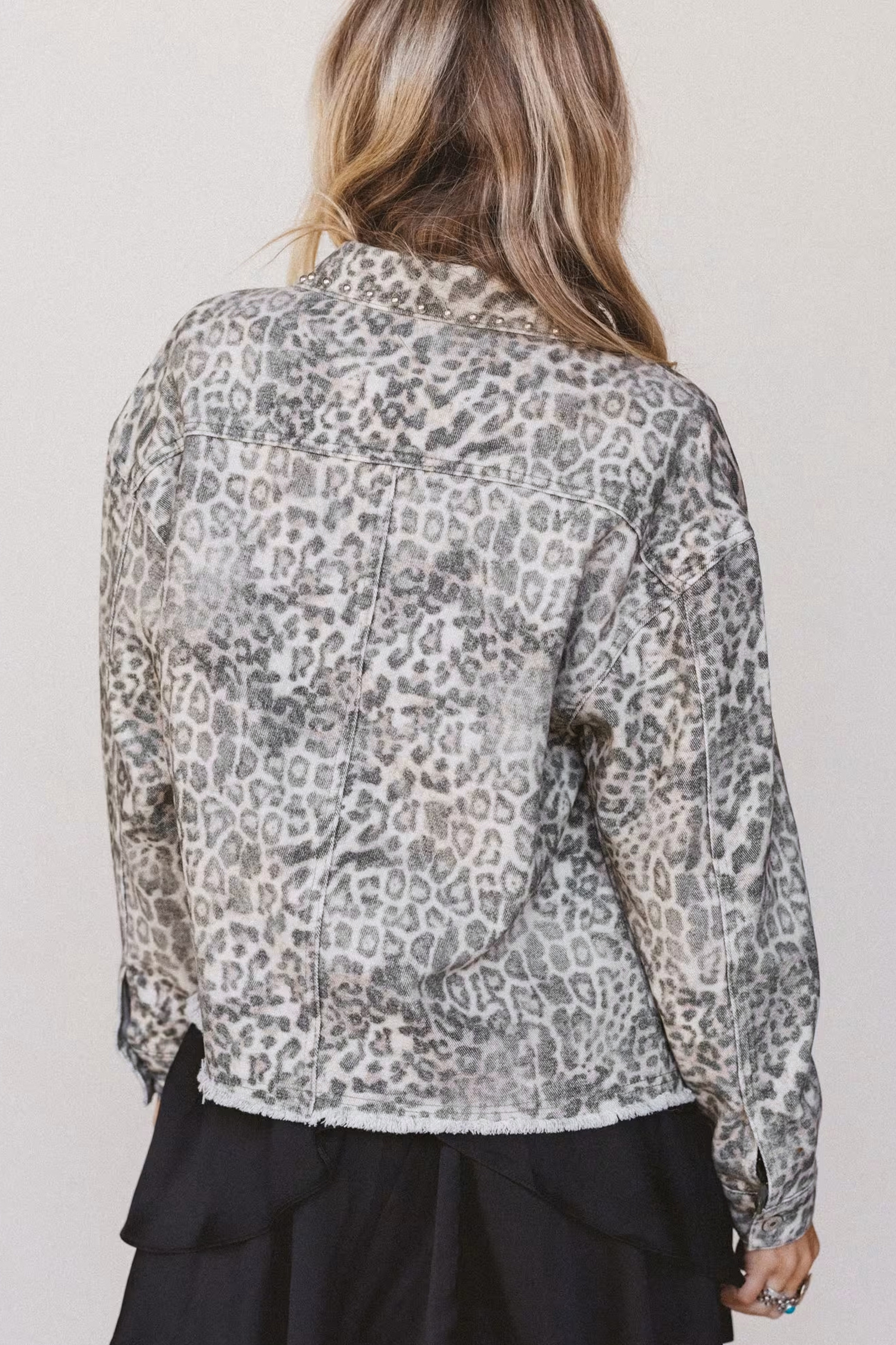 Leopard Print Studded Jacket, Women's Modern Denim Coat - Detail View 2 Leopard Print Studded Jacket, Women's Modern Denim Coat - Detail View 2