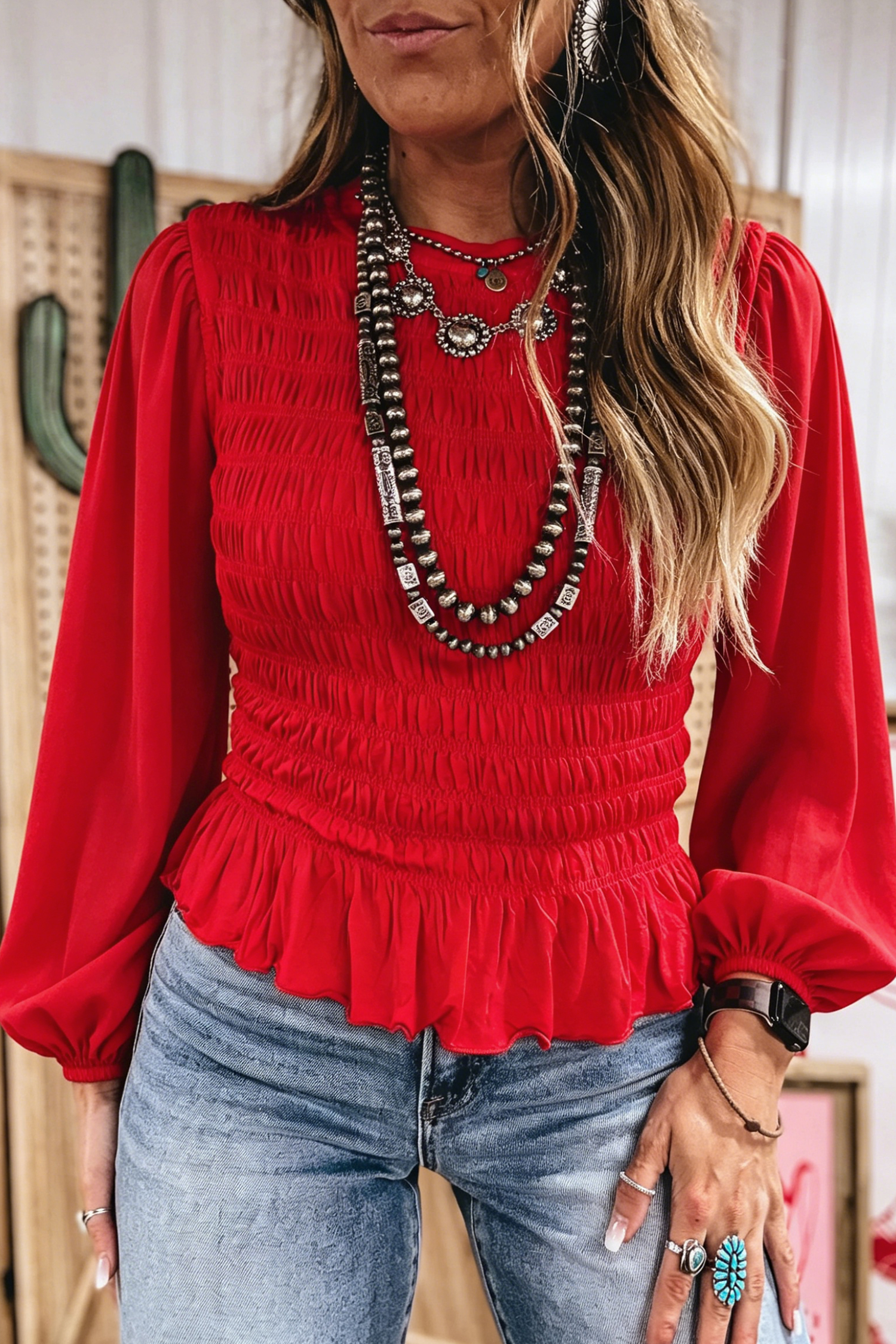 Stretchy Shirred Blouse, Long Sleeve Fall Western Top - Detail View 6 Stretchy Shirred Blouse, Long Sleeve Fall Western Top - Detail View 6