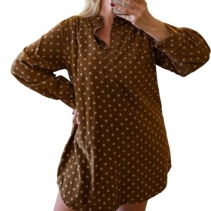 Women's Brown Polka Dot Shift Dress, Casual Autumn Outfit - Main View