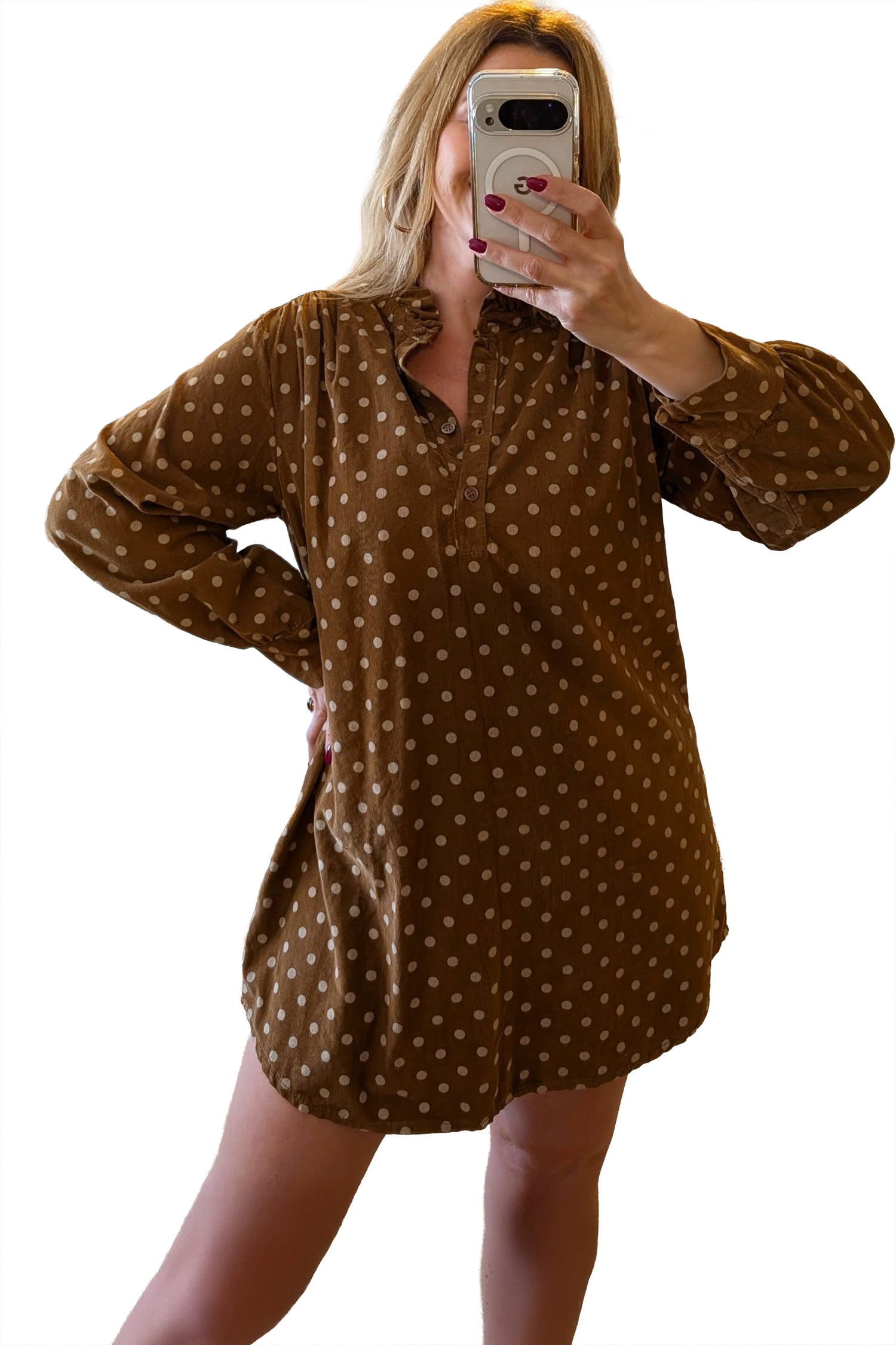 Women's Brown Polka Dot Shift Dress, Casual Autumn Outfit - Main View Women's Brown Polka Dot Shift Dress, Casual Autumn Outfit - Main View