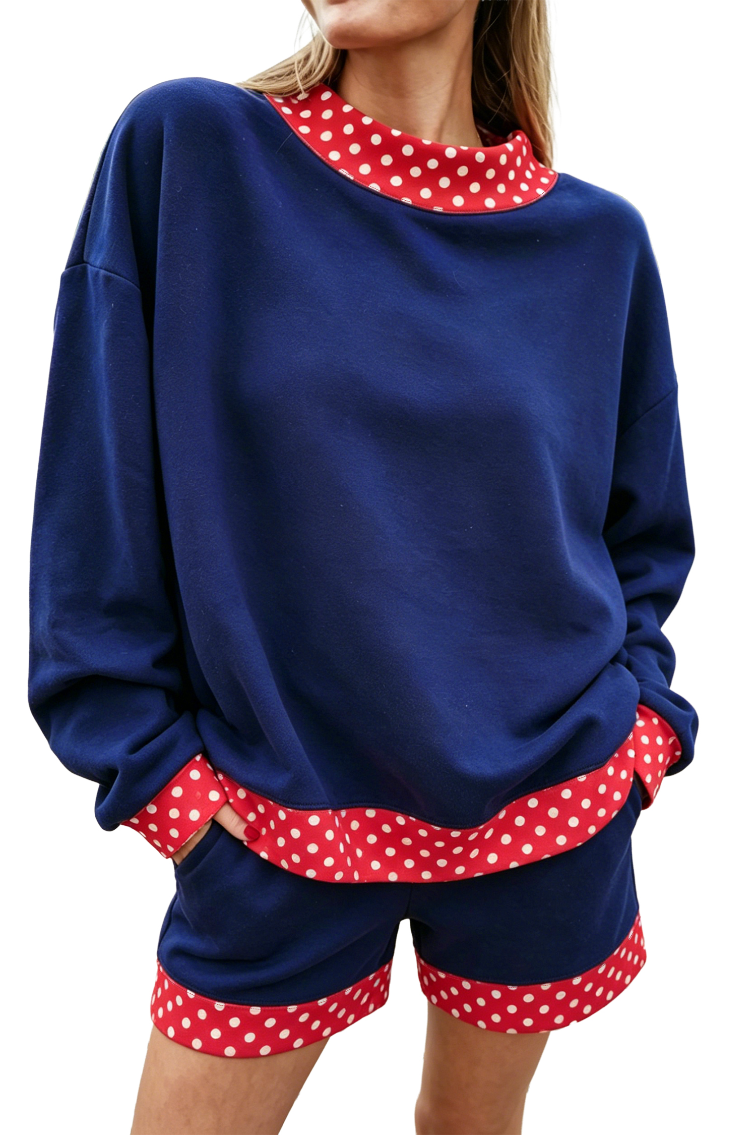 Women's Pullover and Short Set, Navy Casual Daily Wear - Main View Women's Pullover and Short Set, Navy Casual Daily Wear - Main View