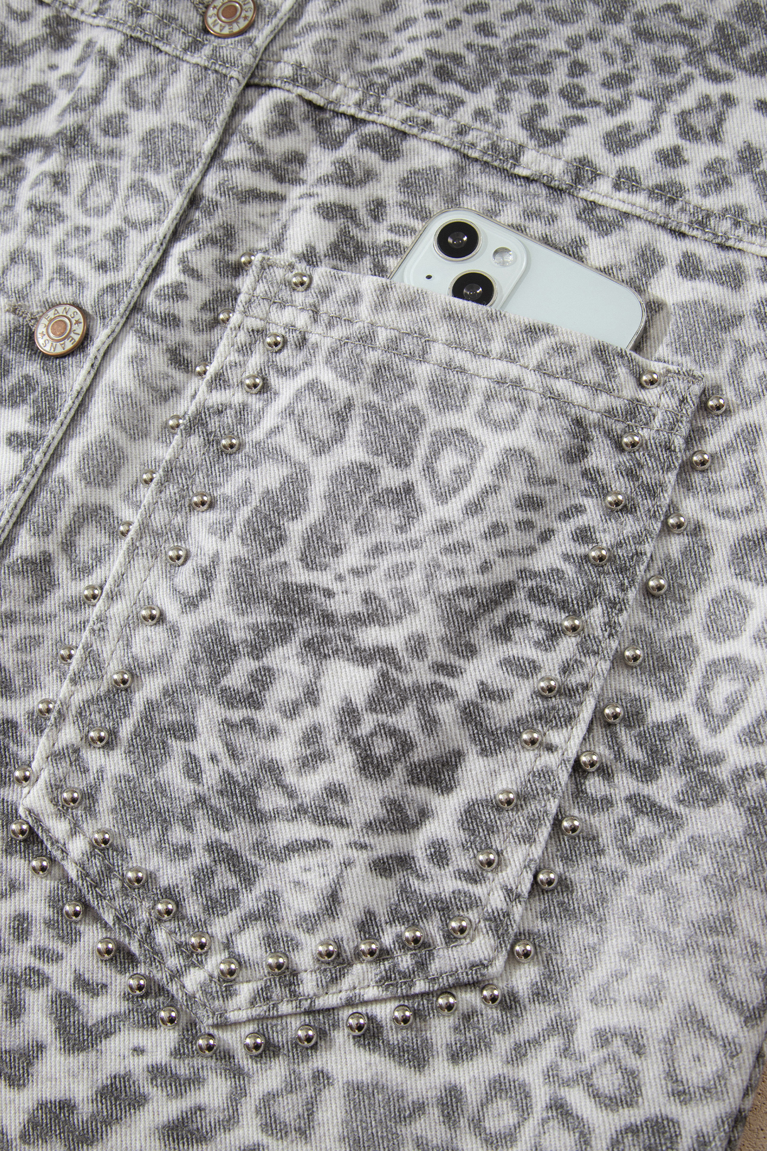 Leopard Print Studded Jacket, Women's Modern Denim Coat - Detail View 14 Leopard Print Studded Jacket, Women's Modern Denim Coat - Detail View 14