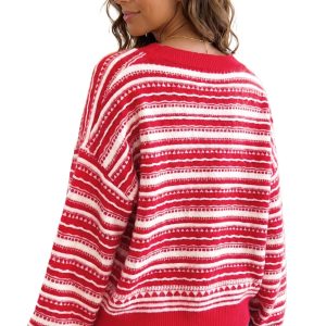 Women's Red Striped Cardigan, V Neck Casual Knit - Main View