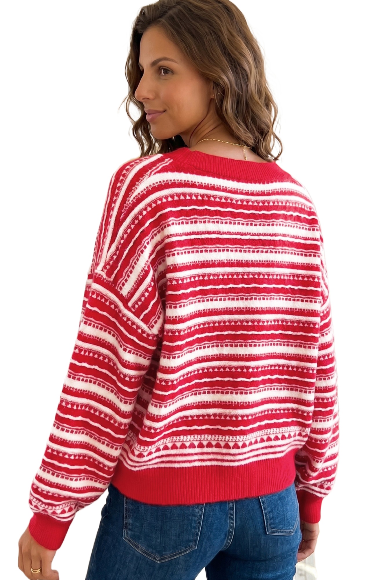 Women's Red Striped Cardigan, V Neck Casual Knit - Main View Women's Red Striped Cardigan, V Neck Casual Knit - Main View