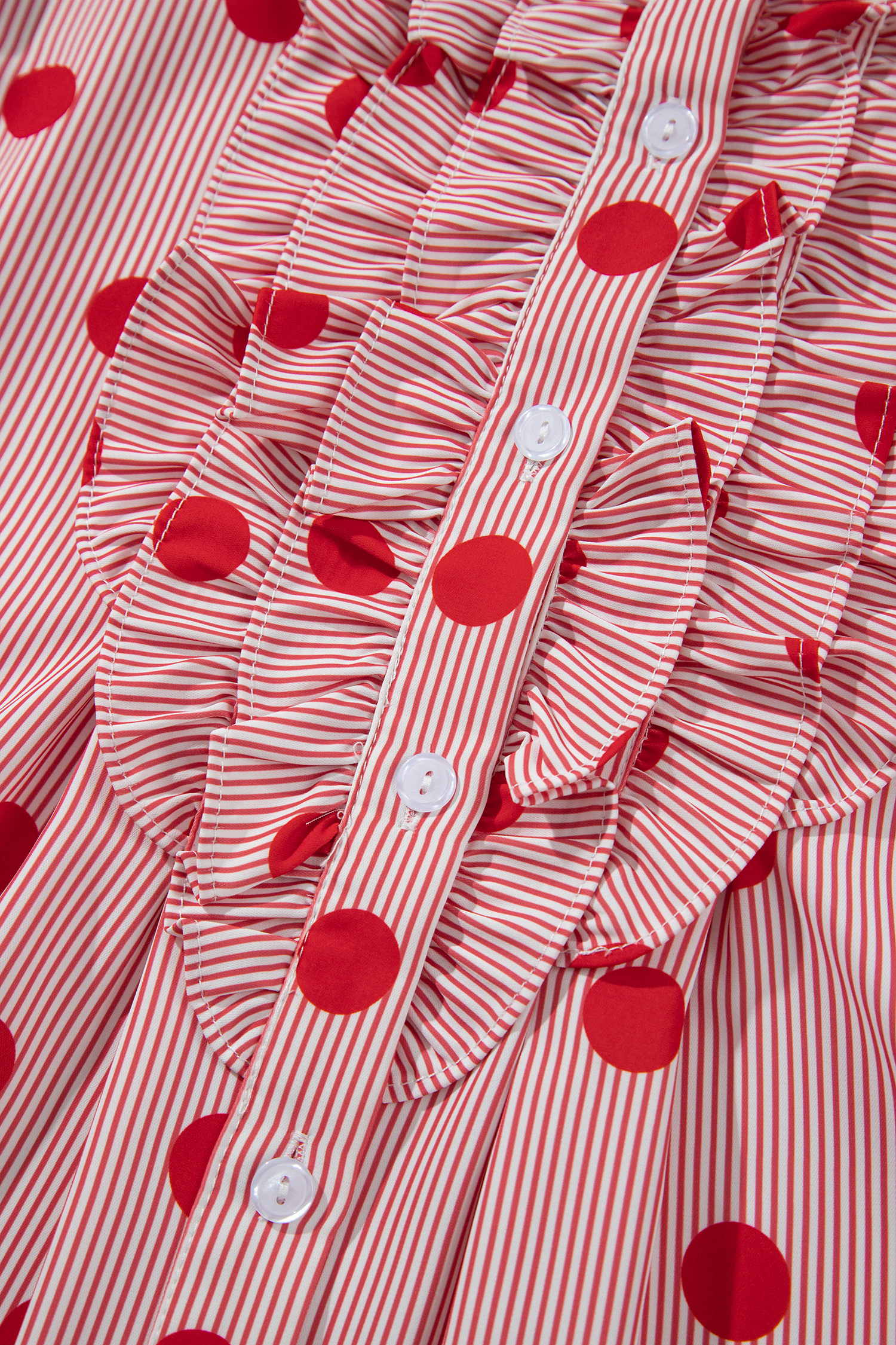 Women's Red Polka Dot Ruffle Shirt, Casual Daily Blouse - Detail View 7 Women's Red Polka Dot Ruffle Shirt, Casual Daily Blouse - Detail View 7