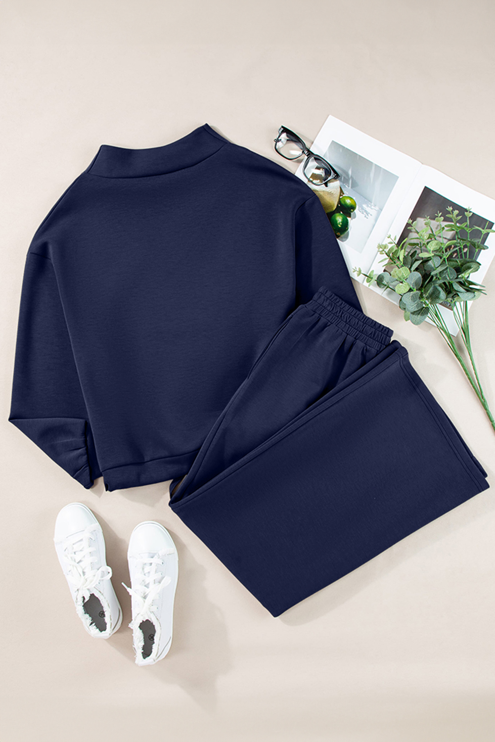 Women's Navy Blue Sweatshirt Set, Cozy Wide Leg Outfit - Detail View 9 Women's Navy Blue Sweatshirt Set, Cozy Wide Leg Outfit - Detail View 9