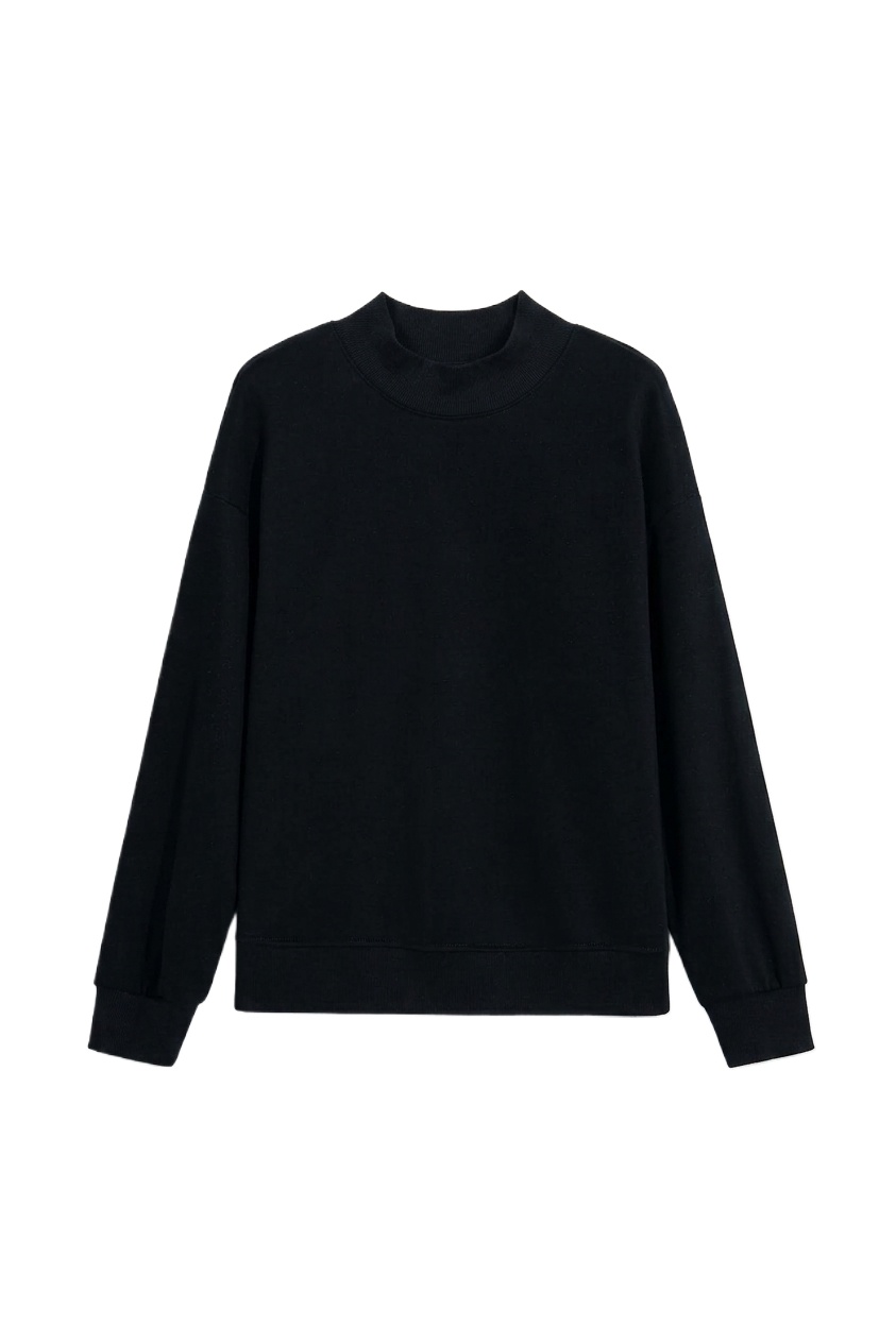 Women's Black Mock Neck Sweatshirt, Casual Long Sleeve Top - Main View Women's Black Mock Neck Sweatshirt, Casual Long Sleeve Top - Main View