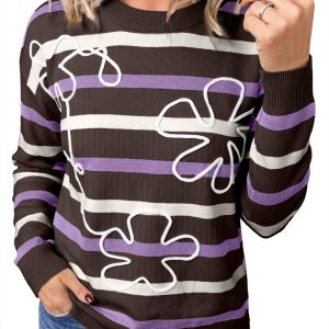 Women's Striped Embroidered Sweater, Casual Long Sleeve Top - Main View