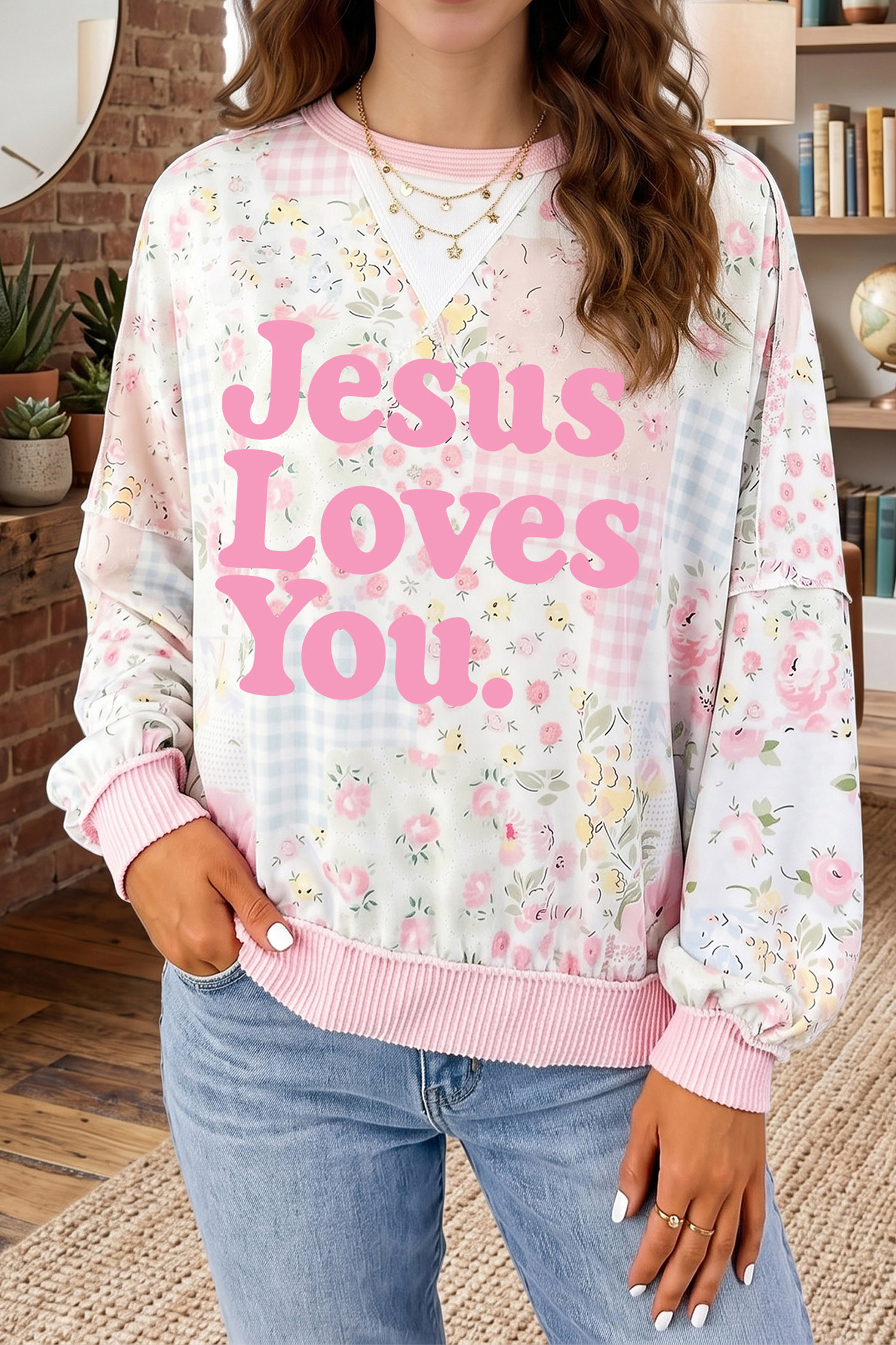 Pink Floral Long Sleeve Pullover, Women's Faith Slogan Top - Detail View 5 Pink Floral Long Sleeve Pullover, Women's Faith Slogan Top - Detail View 5