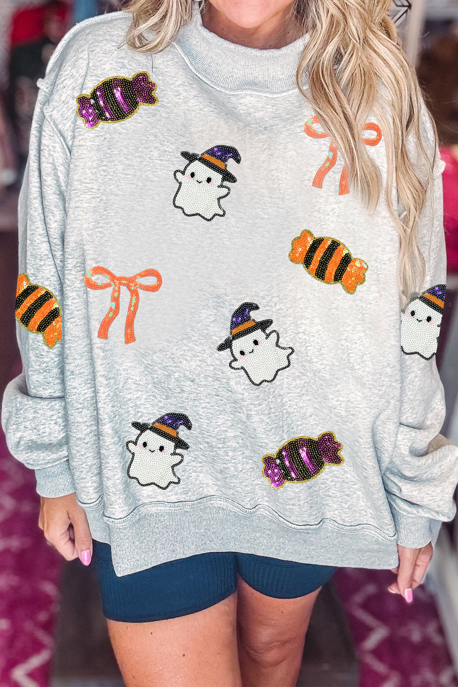 Light Grey Halloween Pullover, Sequin Ghost Casual Crewneck - Detail View 2 Light Grey Halloween Pullover, Sequin Ghost Casual Crewneck - Detail View 2