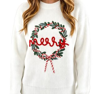 Women's Christmas Wreath Sweater, Casual Round Neck - Main View