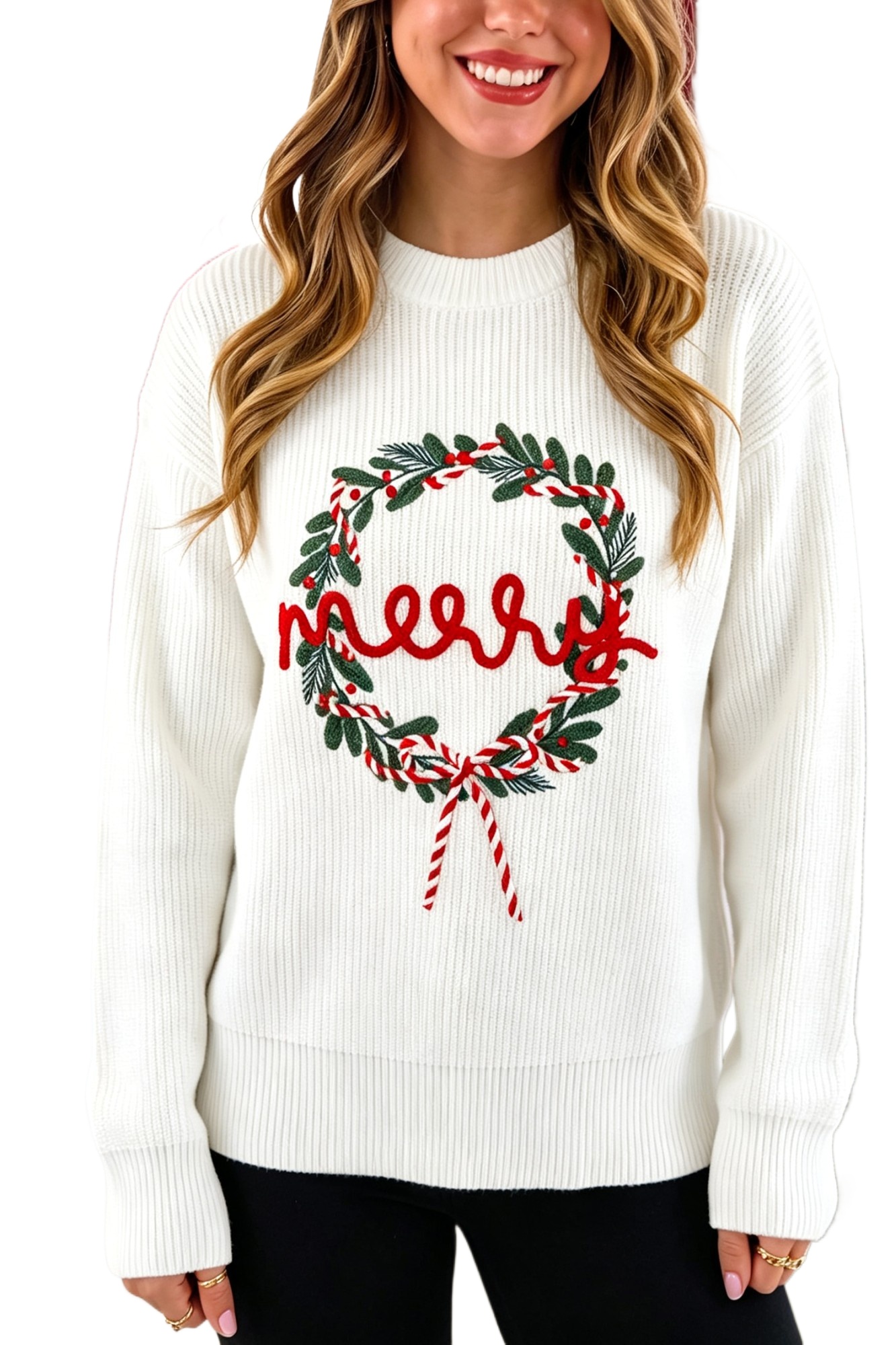 Women's Christmas Wreath Sweater, Casual Round Neck - Main View Women's Christmas Wreath Sweater, Casual Round Neck - Main View