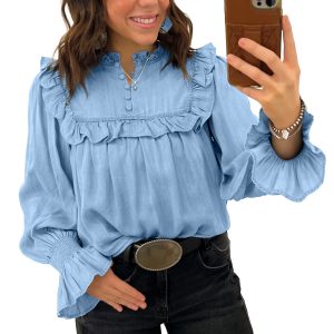 Women's Western Ruffle Blouse, Beau Blue Denim Shirt - Main View