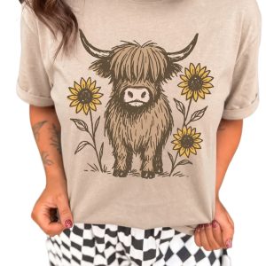 Khaki Highland Cow T-Shirt, Women's Casual Daily Tee - Main View