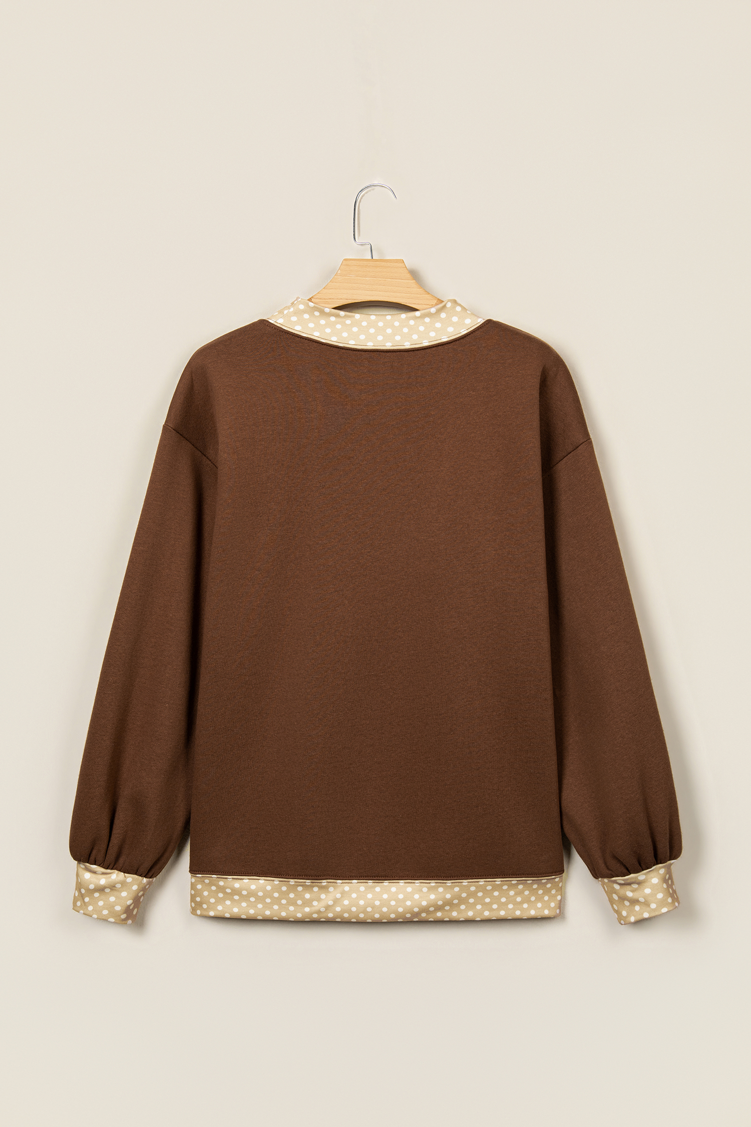 Coffee Brown Graphic Pullover, Polka Dot Trim Long Sleeve - Detail View 3 Coffee Brown Graphic Pullover, Polka Dot Trim Long Sleeve - Detail View 3