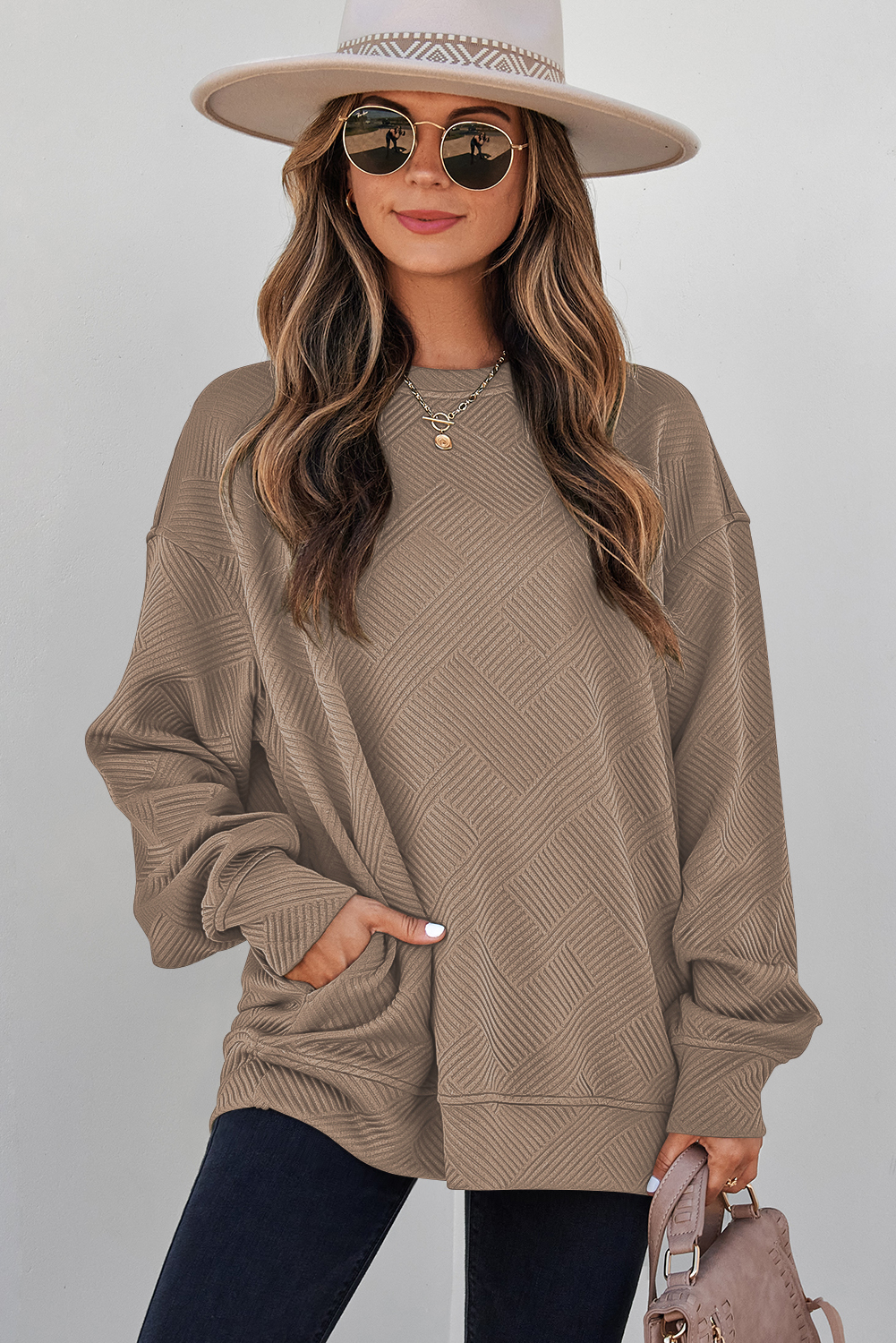 Women's Long Sleeve Pullover, Solid Khaki Textured Shirt - Detail View 6 Women's Long Sleeve Pullover, Solid Khaki Textured Shirt - Detail View 6