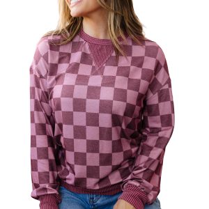 Women's Checkered Pullover, Casual Red Ribbed Trim Top - Main View