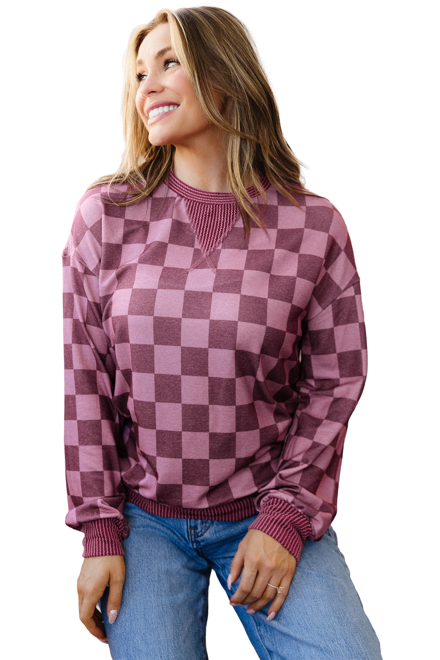 Women's Checkered Pullover, Casual Red Ribbed Trim Top - Main View Women's Checkered Pullover, Casual Red Ribbed Trim Top - Main View