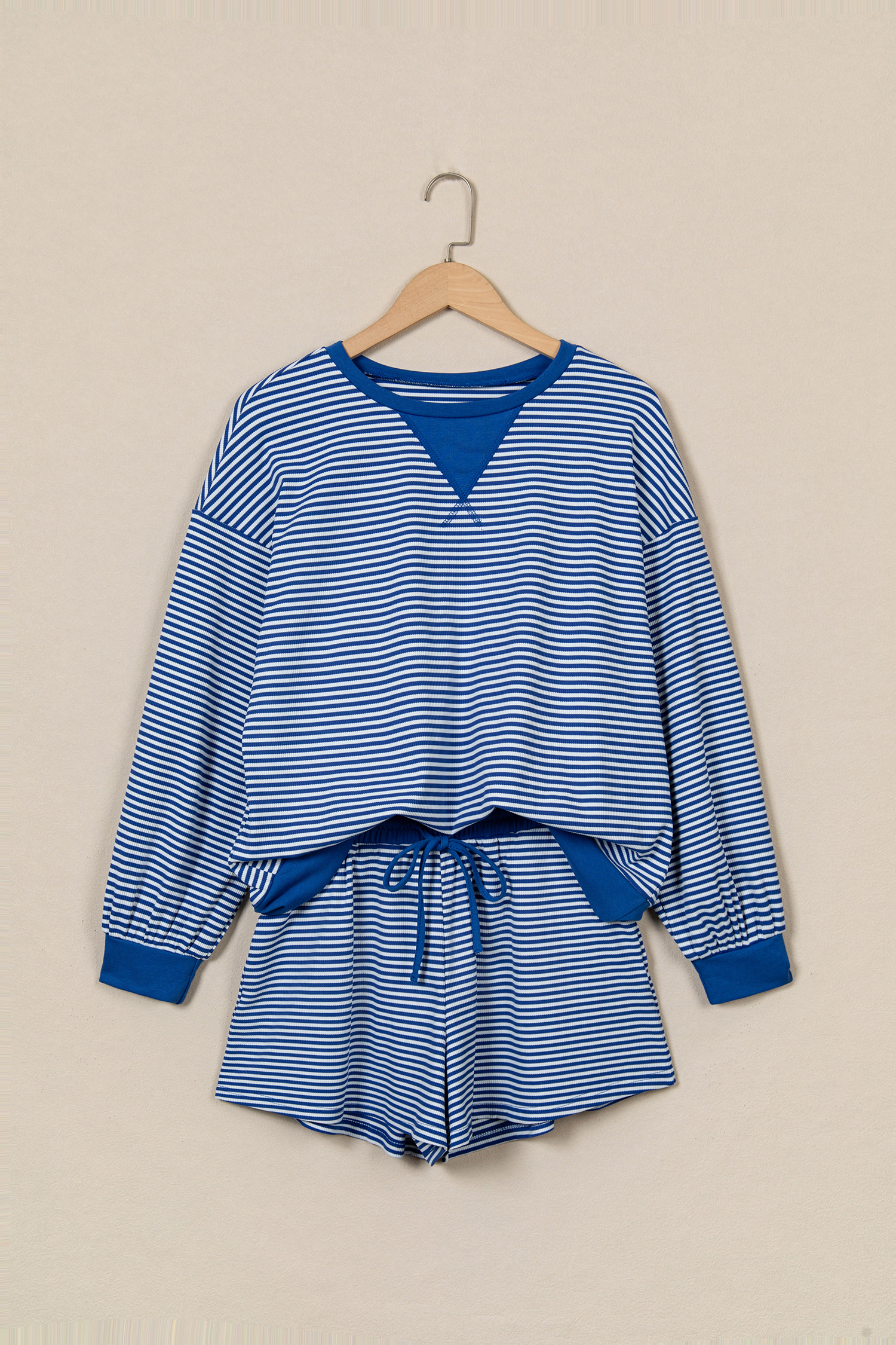 Women's Stretchy Stripe Set, Loose Long Sleeve Shorts - Detail View 3 Women's Stretchy Stripe Set, Loose Long Sleeve Shorts - Detail View 3