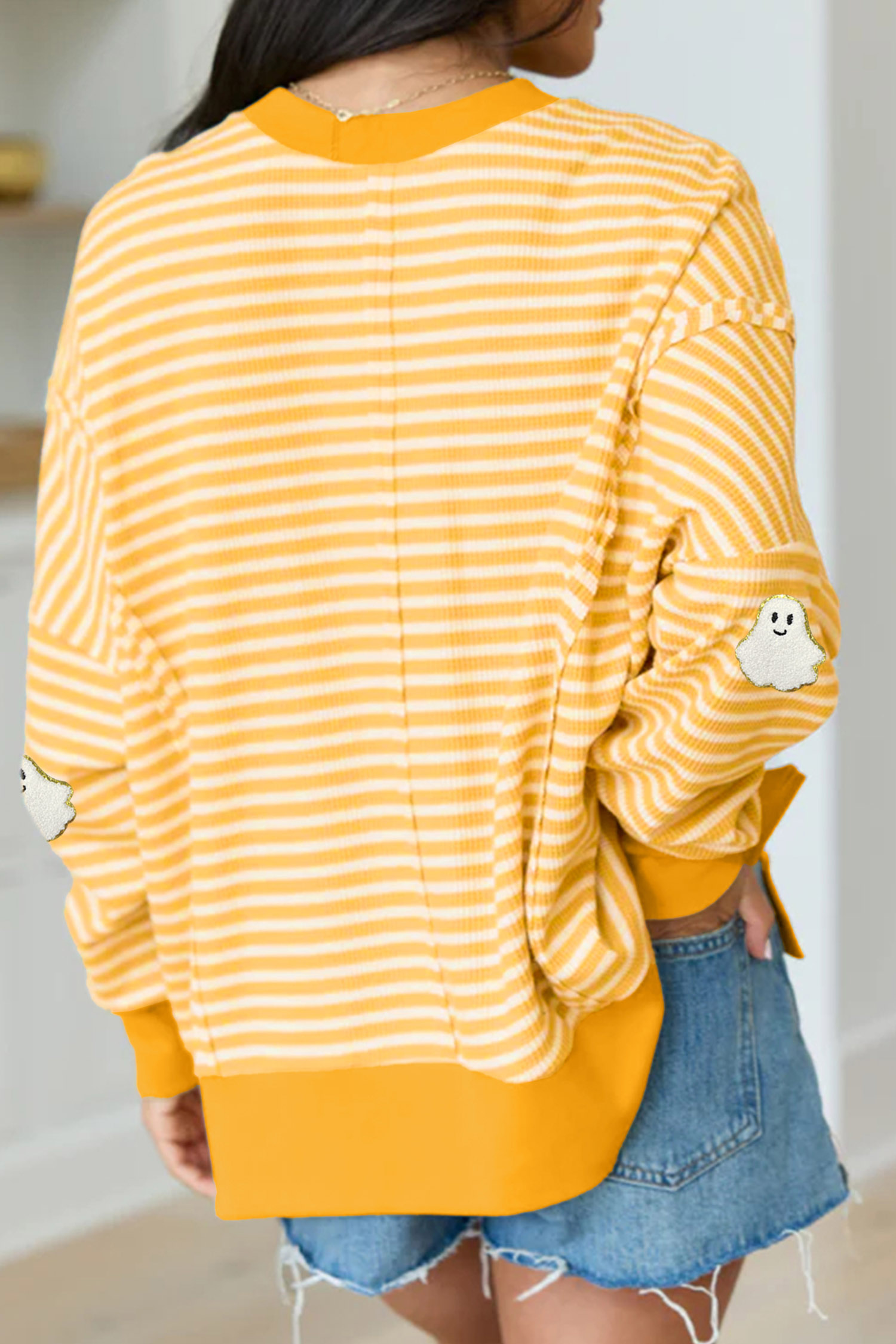 Women's Halloween Ghost Top, Khaki Stripe Long Sleeve - Detail View 2 Women's Halloween Ghost Top, Khaki Stripe Long Sleeve - Detail View 2