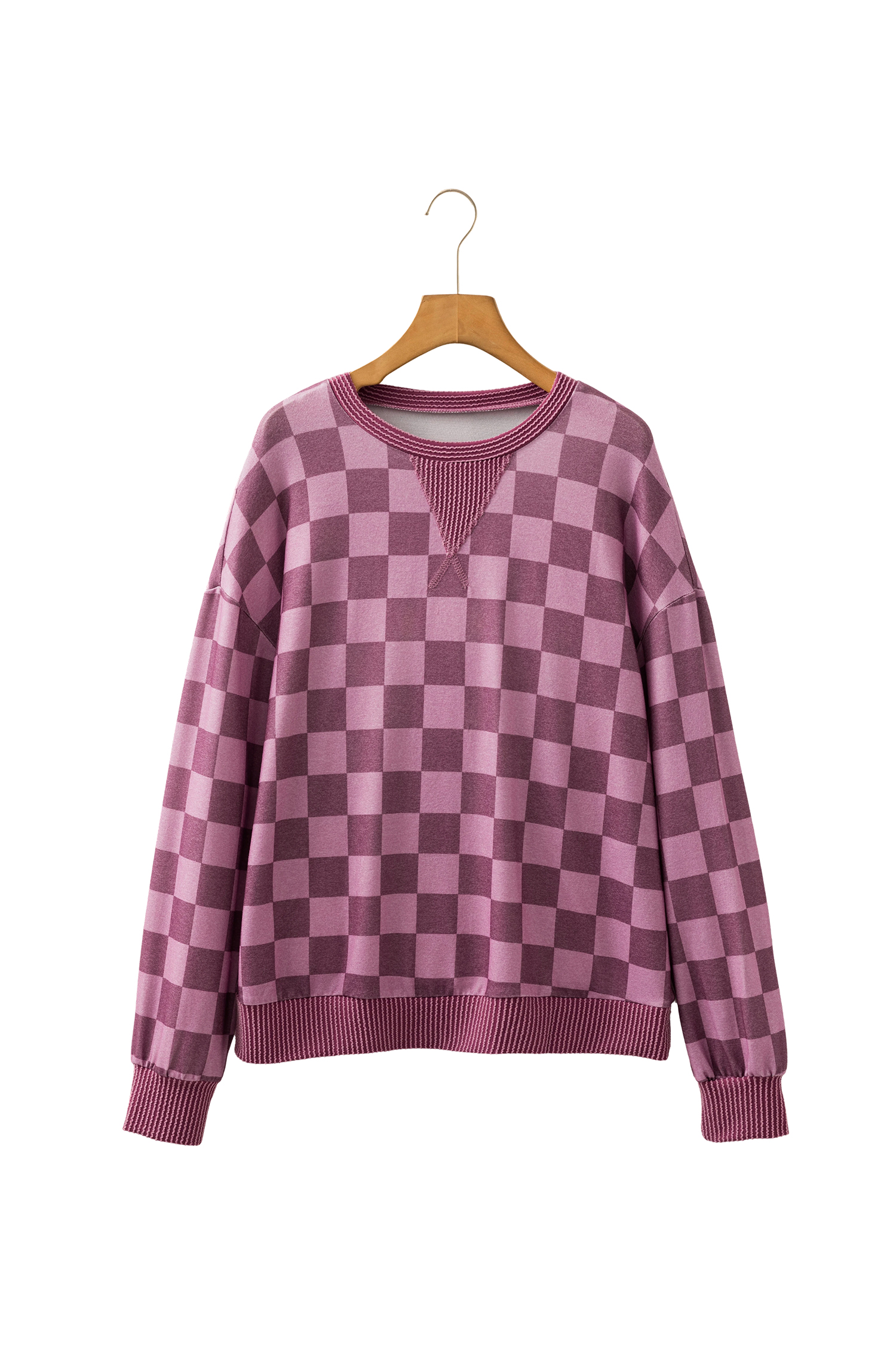 Women's Red Checkered Pullover, Cozy Ribbed Trim Top - Detail View 6 Women's Red Checkered Pullover, Cozy Ribbed Trim Top - Detail View 6