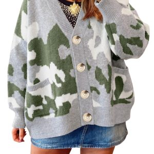 Women's Camo Cardigan, Casual Drop Shoulder V Neck Knit - Main View